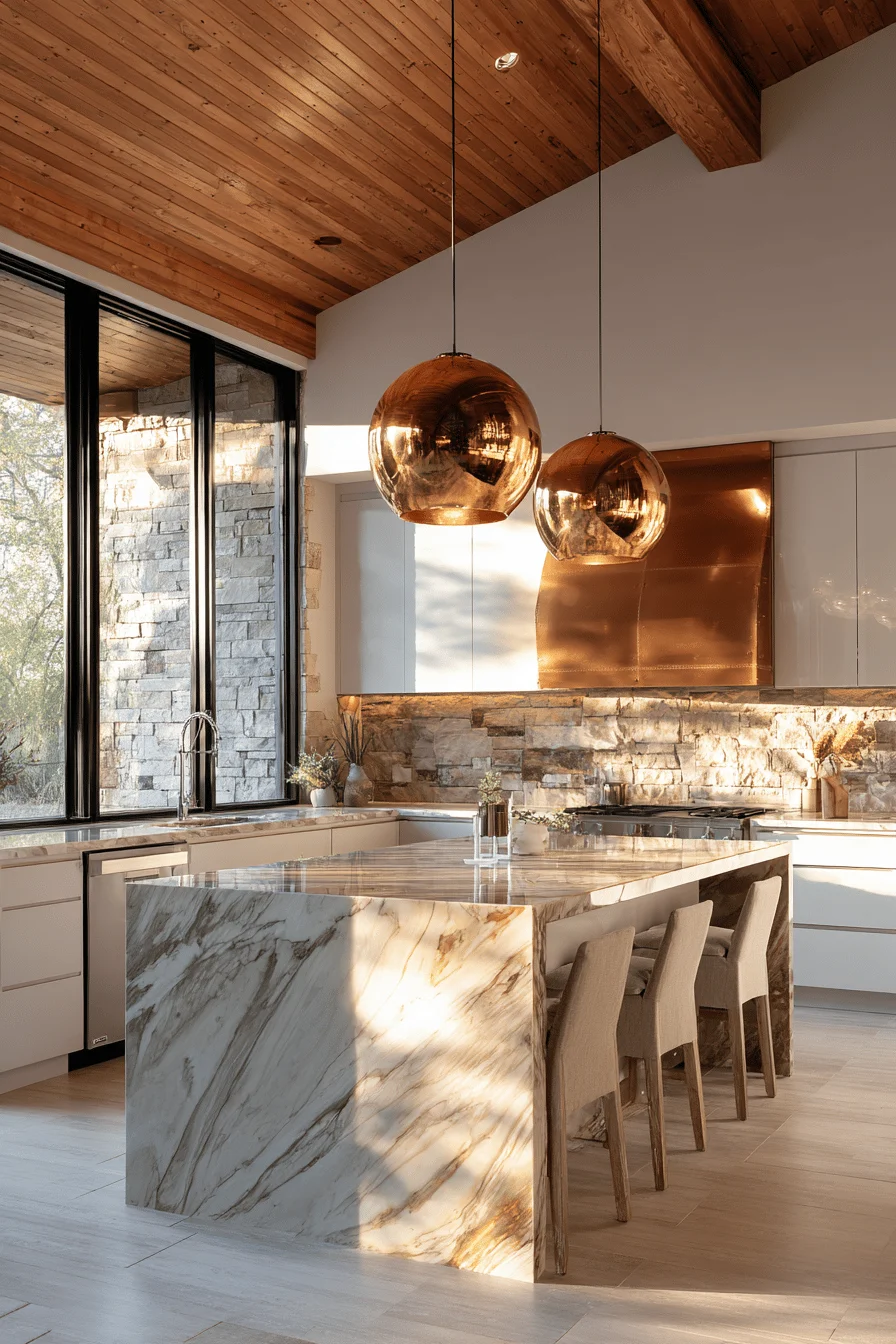 mountain lodge kitchen inspiration showing dramatic copper pendant fixture illuminating natural stone backsplash