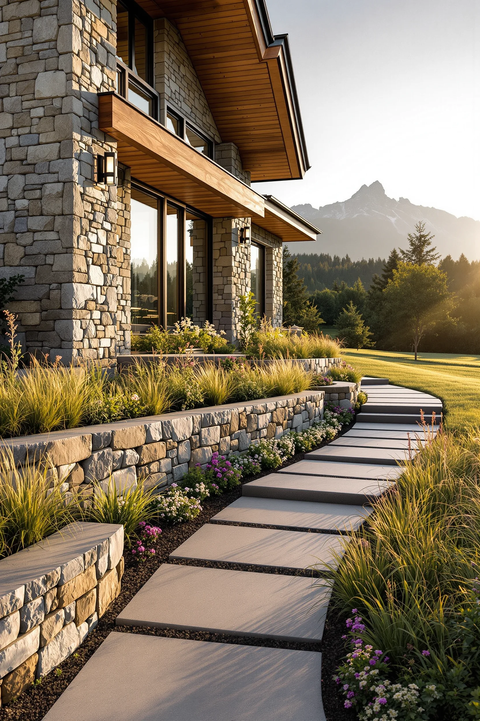 mountain modern home exterior aesthetics displaying weathered timber beams and terraced garden levels