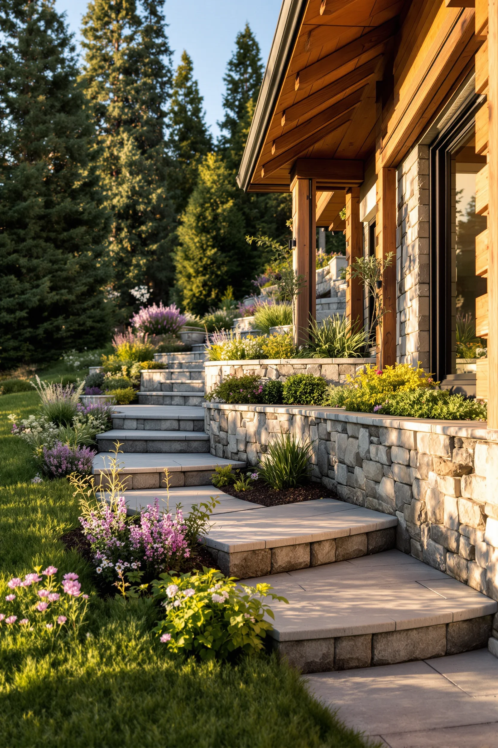 mountain modern home exterior ideas featuring natural stone landscaping and weathered timber accents