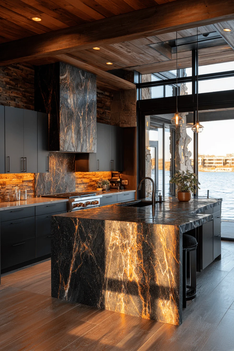 mountain modern kitchen featuring natural wood cabinets stone countertops and contemporary lighting fixtures