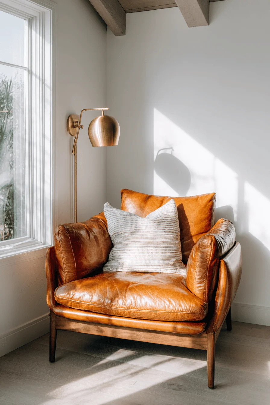 ranch bedroom decor ideas featuring oversized cognac leather armchair with honey wood and white shiplap walls