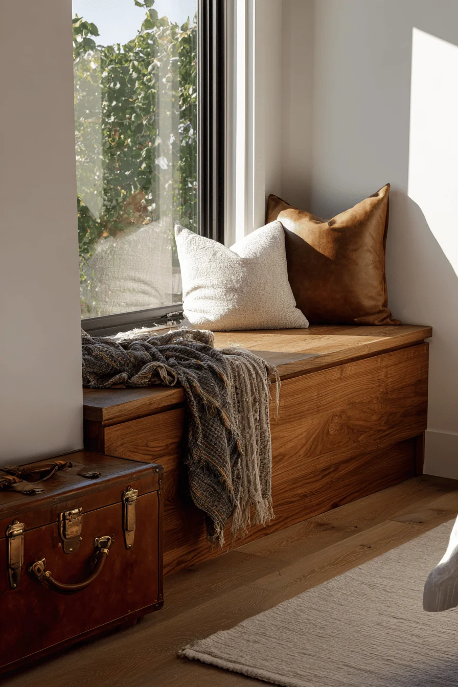 ranch bedroom ideas featuring cedar chest bench with warm wood tones and golden sunlight