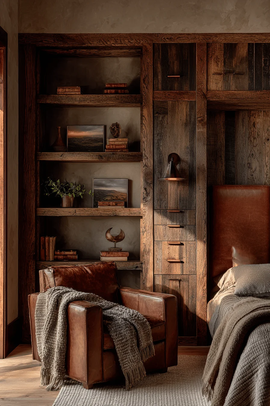 ranch house bedroom designs showcasing rustic elements with premium leather accents and copper hardware details