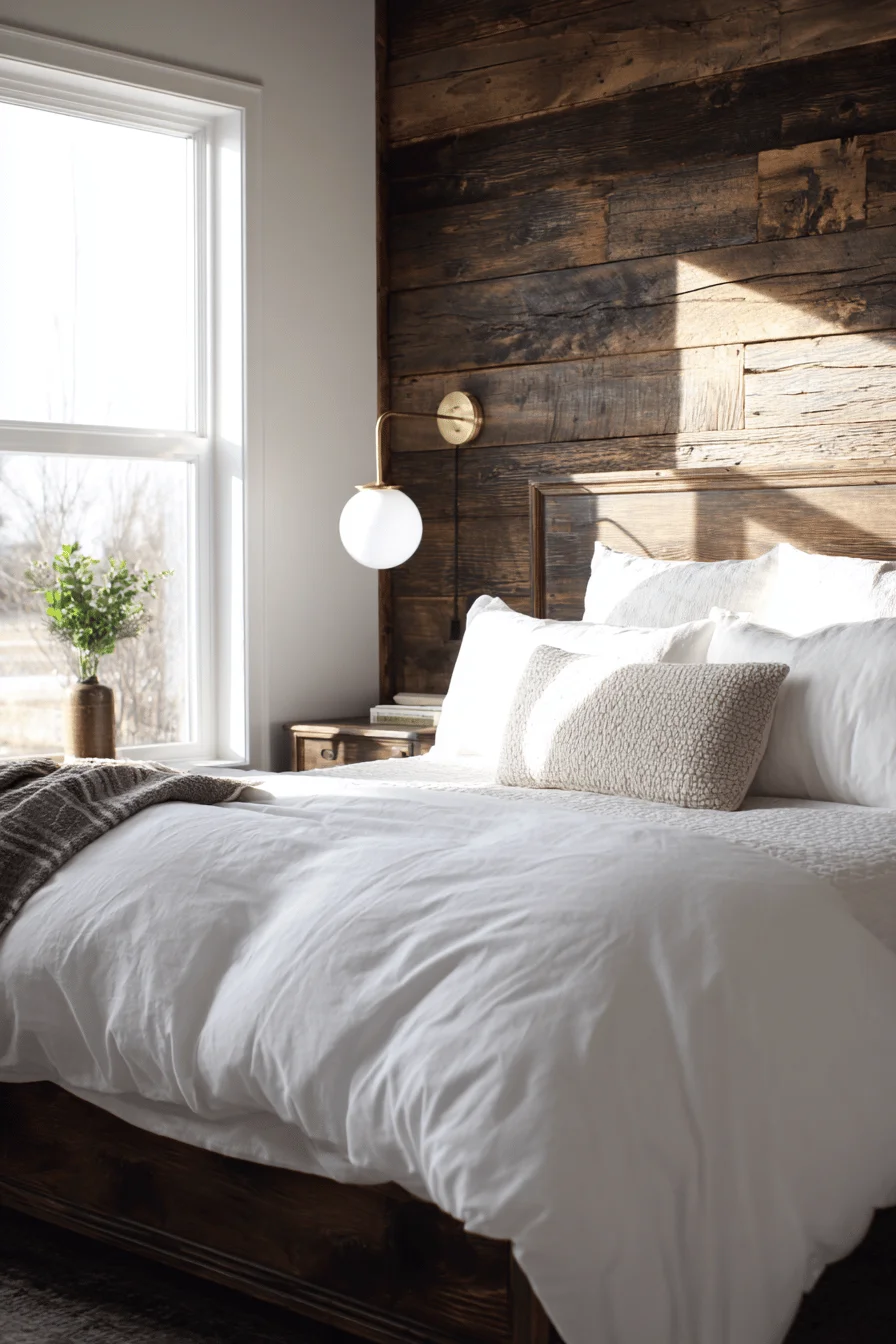 ranch style bedroom aesthetics highlighting dark wood contrast against white bedding with sophisticated rustic elegance