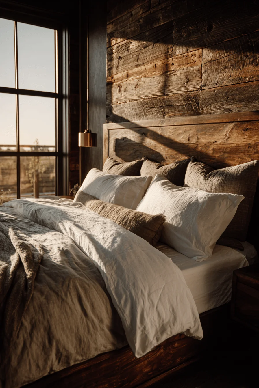 ranch style bedroom inspiration displaying rustic wooden furniture with golden hour sunlight streaming through large windows