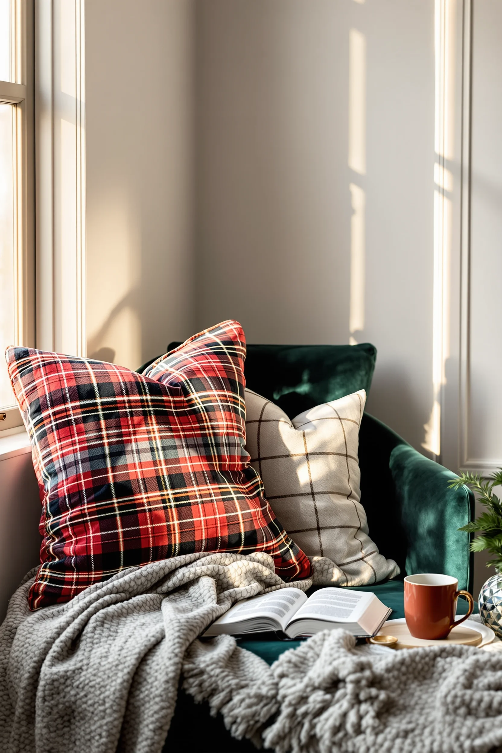 reading nook inspiration showing plush chair christmas decorations hot cocoa mug and open book