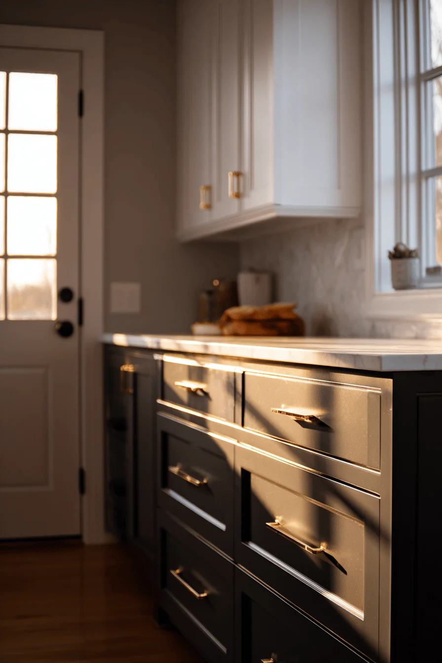 rustic black kitchen cabinet aesthetics highlighting contrasting cabinet colors with shallow depth of field photography composition