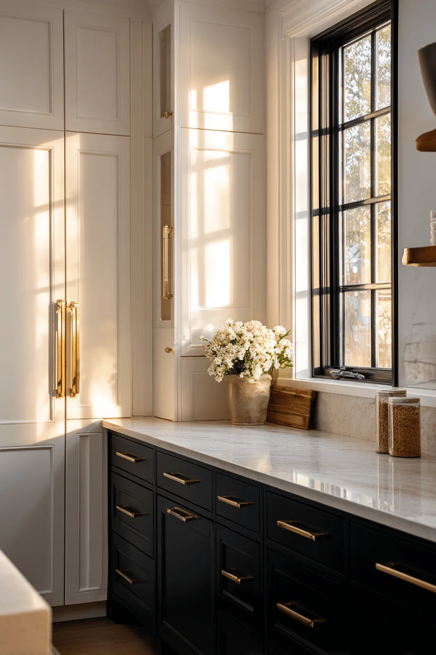 rustic black kitchen cabinet designs showcasing modern farmhouse style with brass hardware and quartz countertops