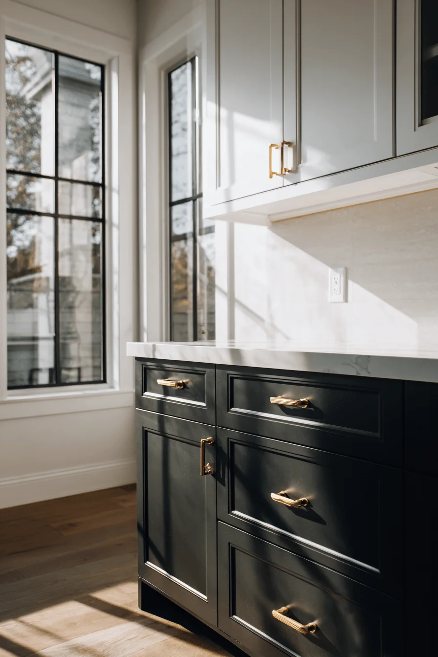 rustic black kitchen cabinet inspiration displaying wood accent details with professional lighting and golden hour ambiance
