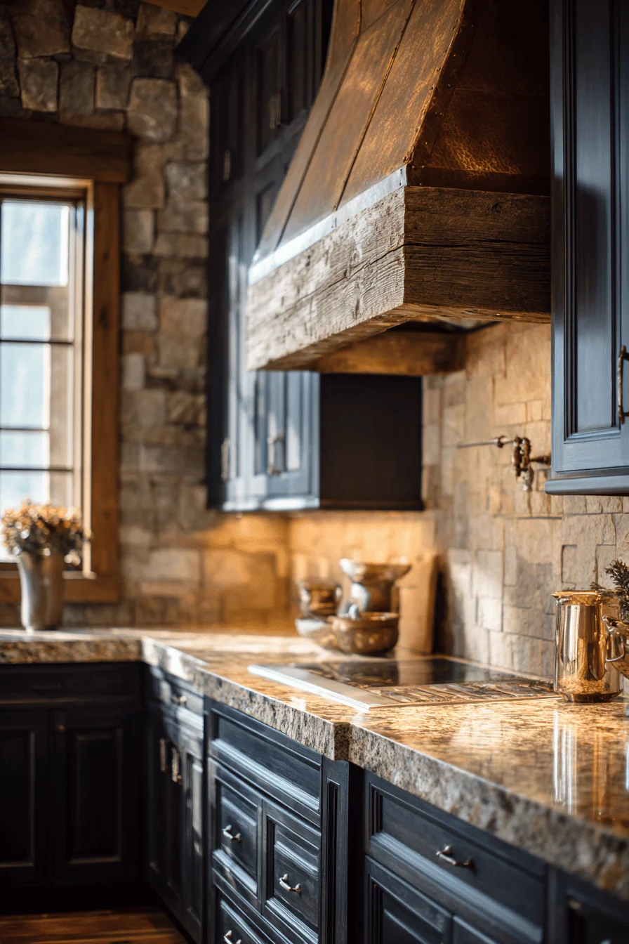 rustic kitchen aesthetics displaying natural window light streaming across granite surfaces with wood accents
