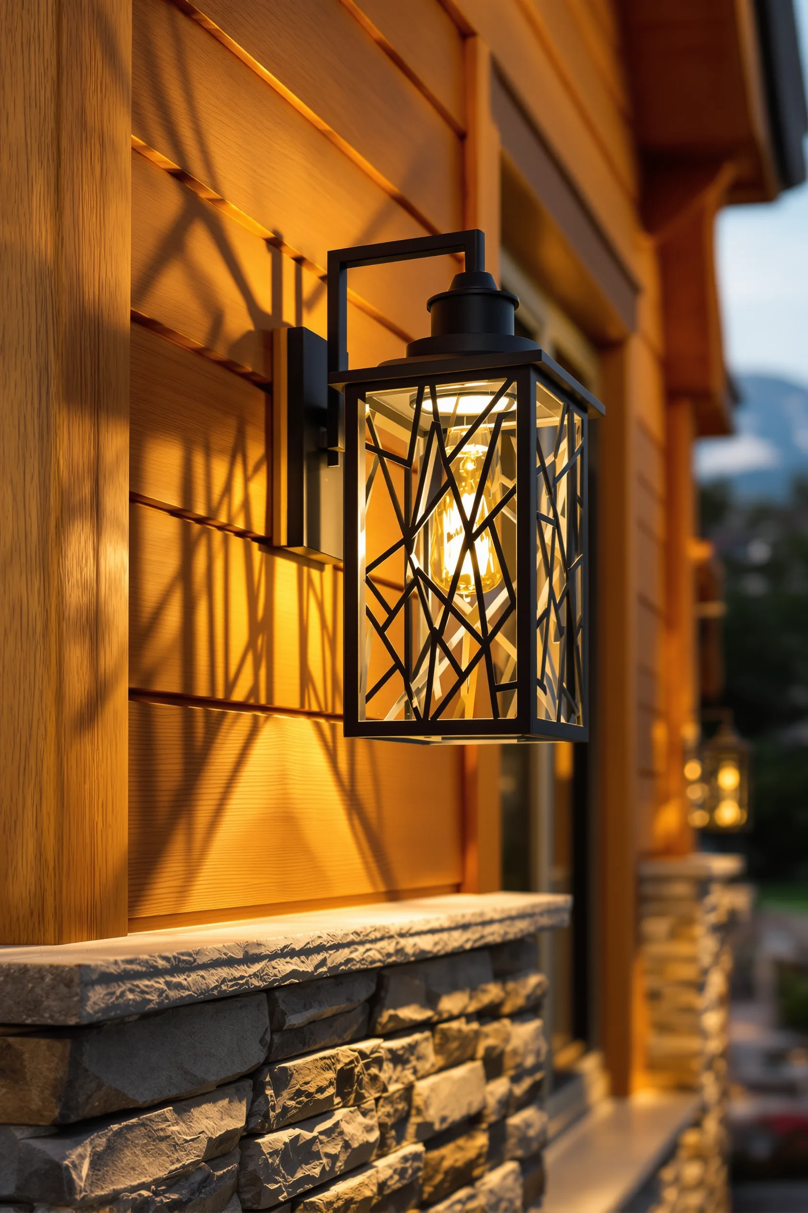 rustic mountain exterior designs with natural stone foundation and geometric iron details