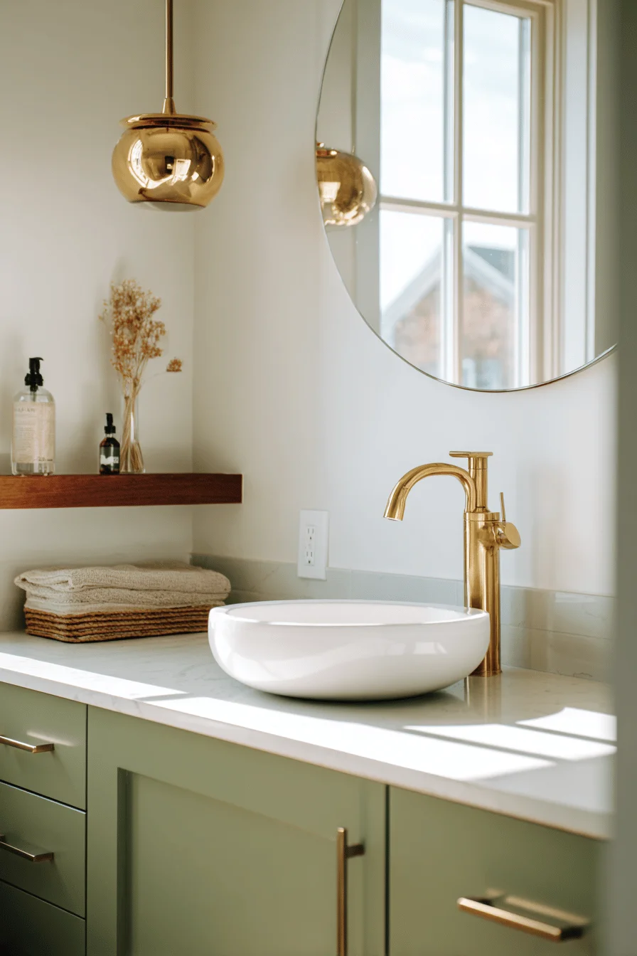 small bungalow bathroom aesthetics showcasing brass pendant light and round mirror with premium countertop details