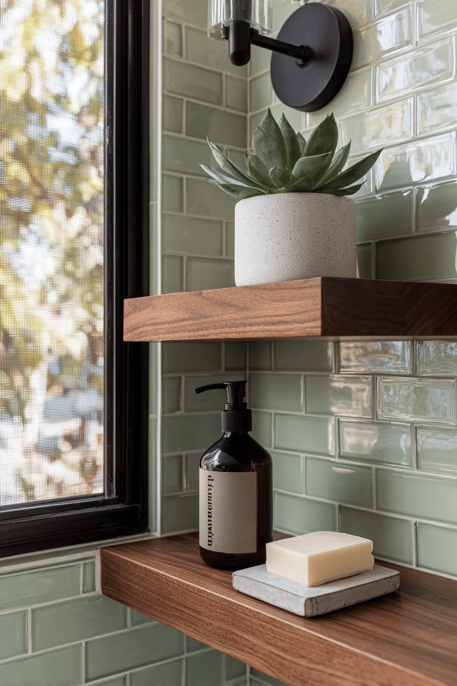 small bungalow bathroom aesthetics with floating corner shelves dramatic window light and geometric plant placement