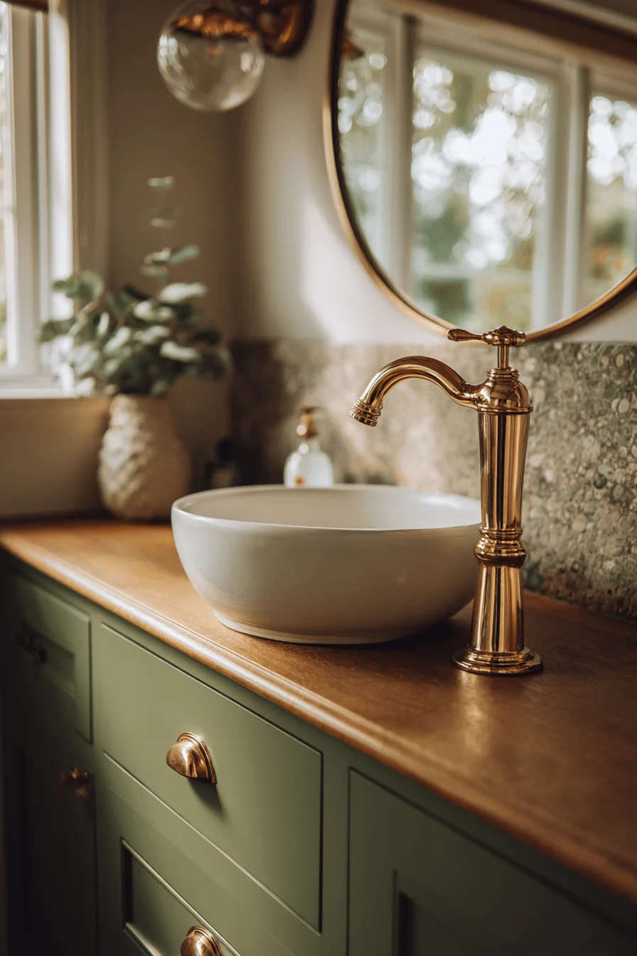 small bungalow bathroom designs showing quartz countertop with wood floating shelf and brass mirror accents
