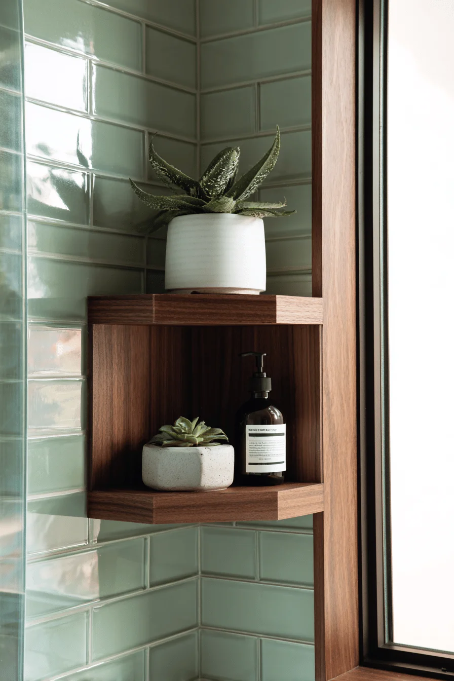 small bungalow bathroom designs showing walnut wood accents with white fixtures and succulent plant styling