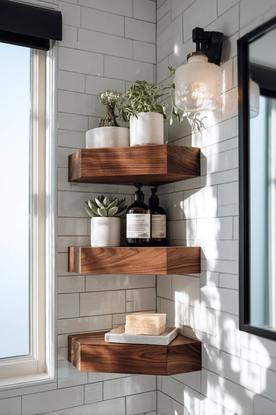 small bungalow bathroom ideas featuring floating walnut shelving and sage green subway tiles with natural lighting