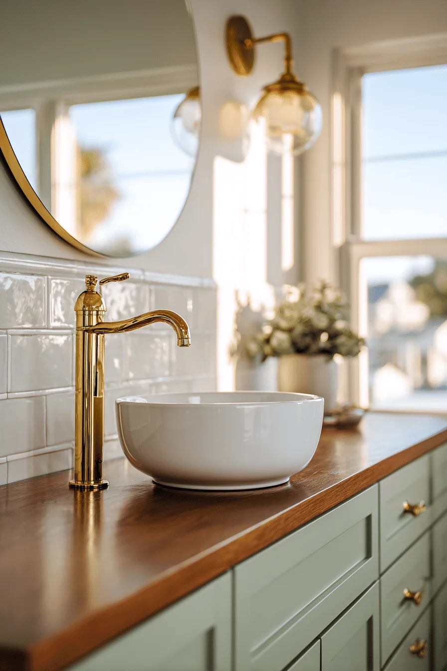 small bungalow bathroom ideas featuring vintage brass faucet and white vessel sink with sage green vanity