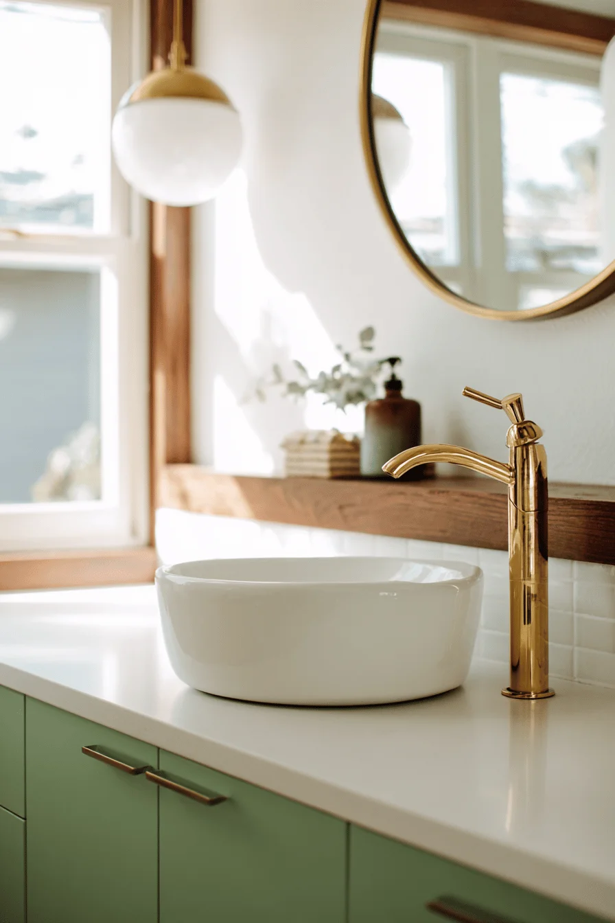 small bungalow bathroom inspiration displaying modern fixtures against sage green cabinetry with natural lighting