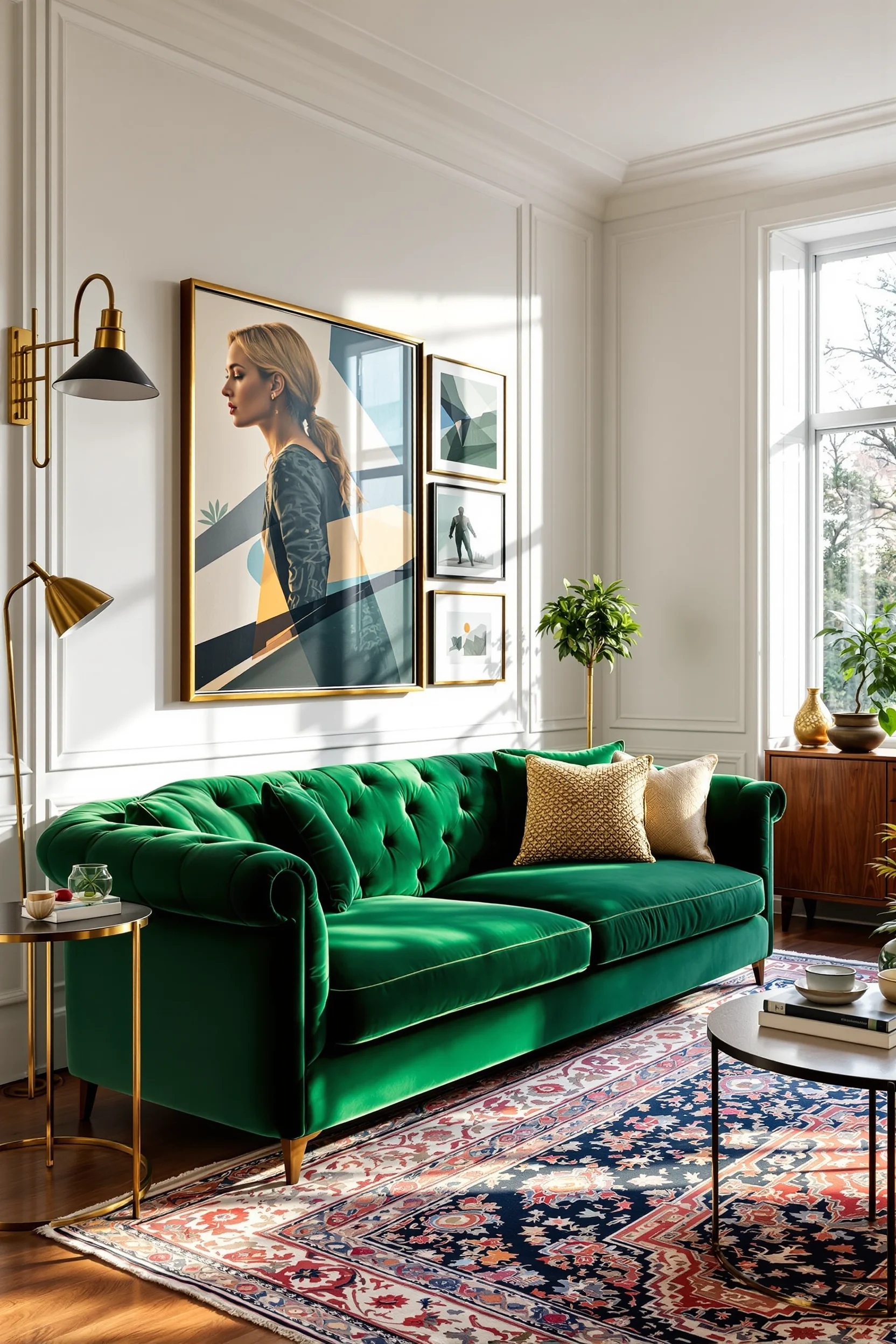 small maximalist living room designs showcasing jewel tones persian rug and curated art collection styling