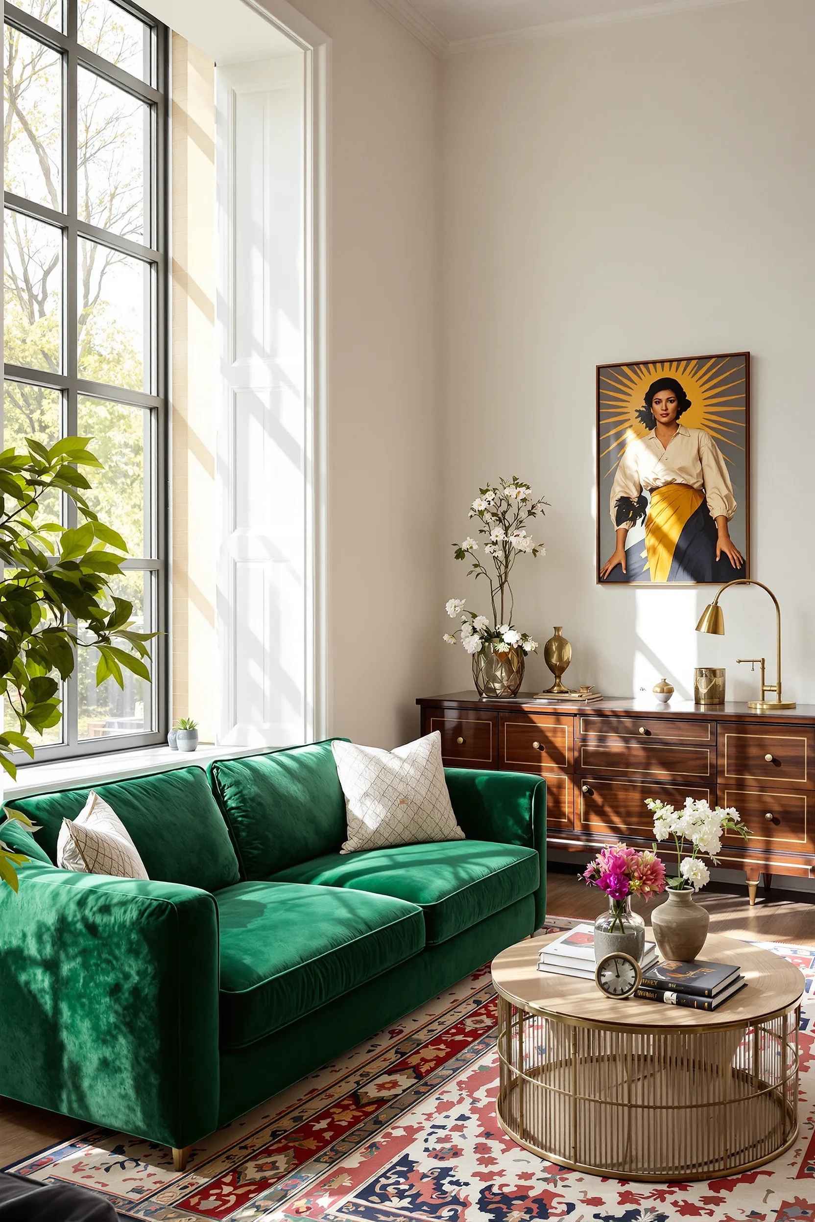 small maximalist living room ideas featuring emerald green velvet sofa with brass fixtures and mahogany finishes