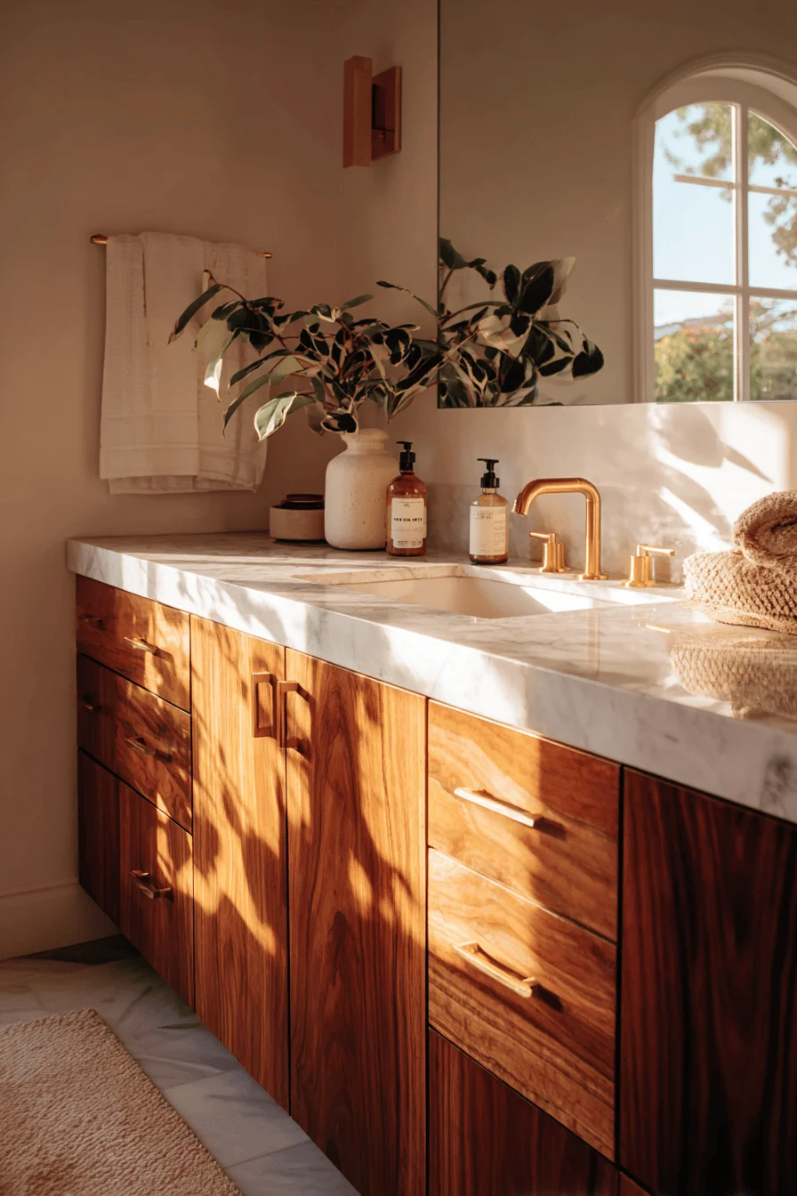 spanish bungalow bathroom aesthetics highlighting warm honey toned cabinetry with crisp white countertops and natural light