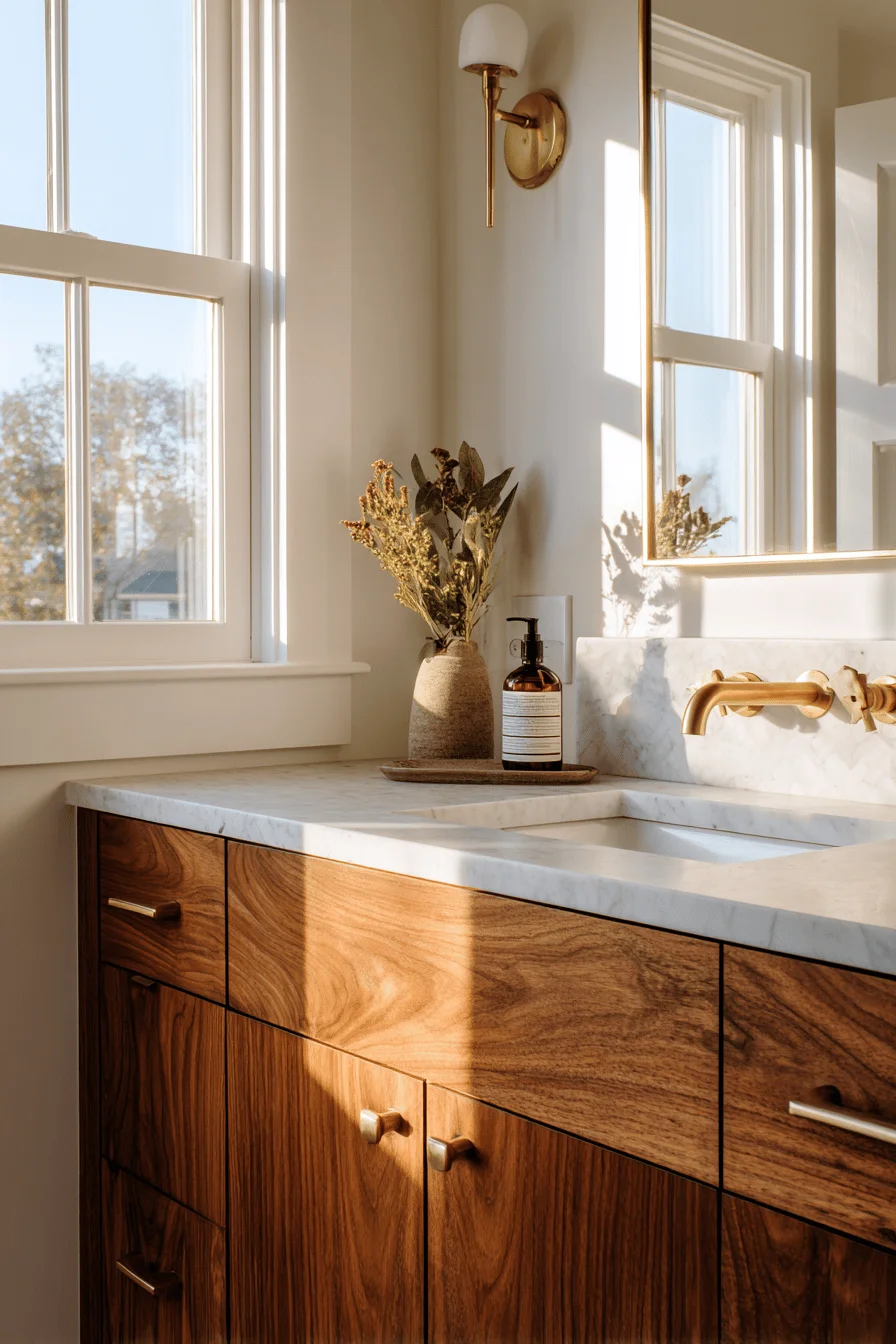 spanish bungalow bathroom designs showcasing rich wood grain cabinetry with premium hardware and golden hour lighting