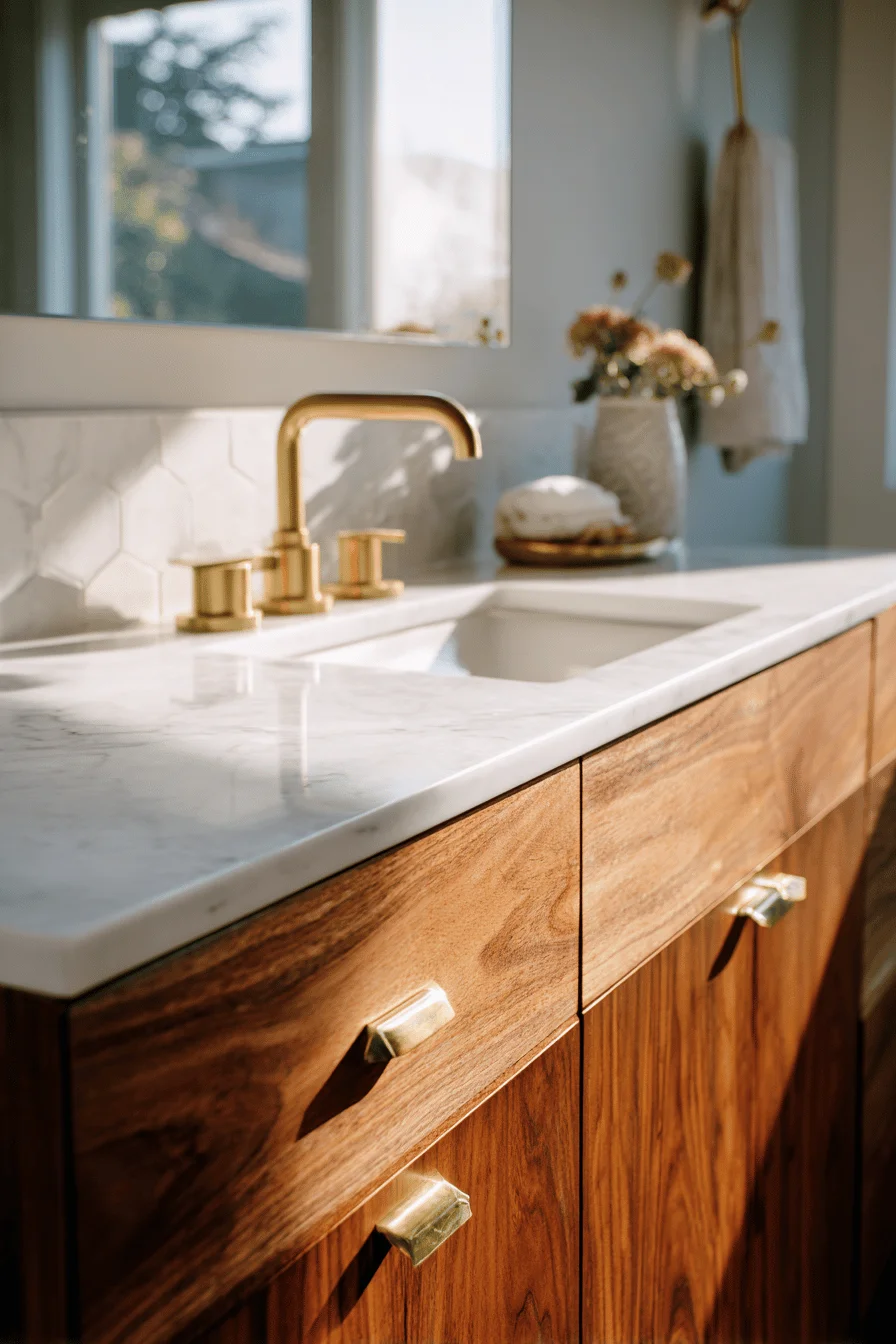 spanish bungalow bathroom ideas featuring natural walnut vanity with white marble countertop and brass fixtures