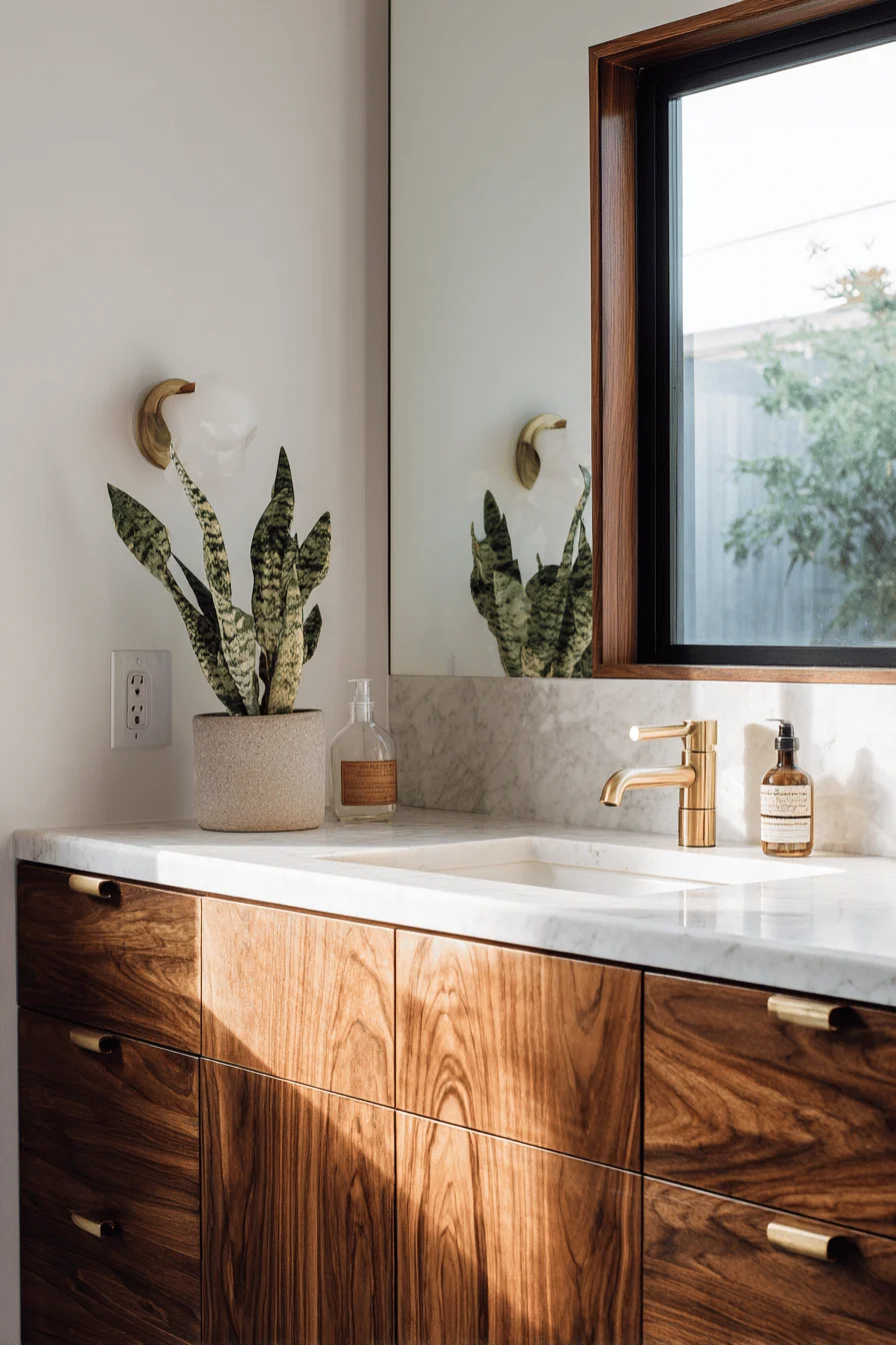 spanish bungalow bathroom inspiration displaying modern mid century vanity with live edge wood details and marble