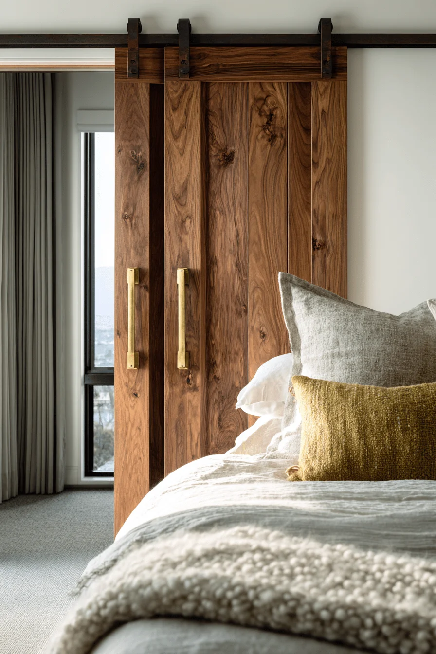 western bedroom ideas featuring sliding barn door closet with walnut wood grain and brass hardware