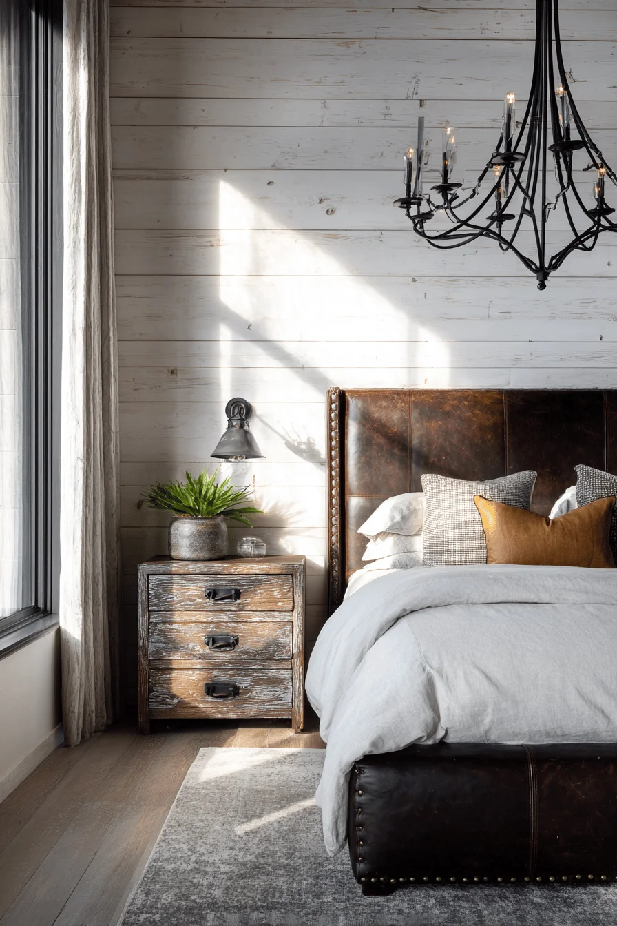 western bedroom ideas featuring wrought iron chandelier above leather headboard with reclaimed wood nightstand