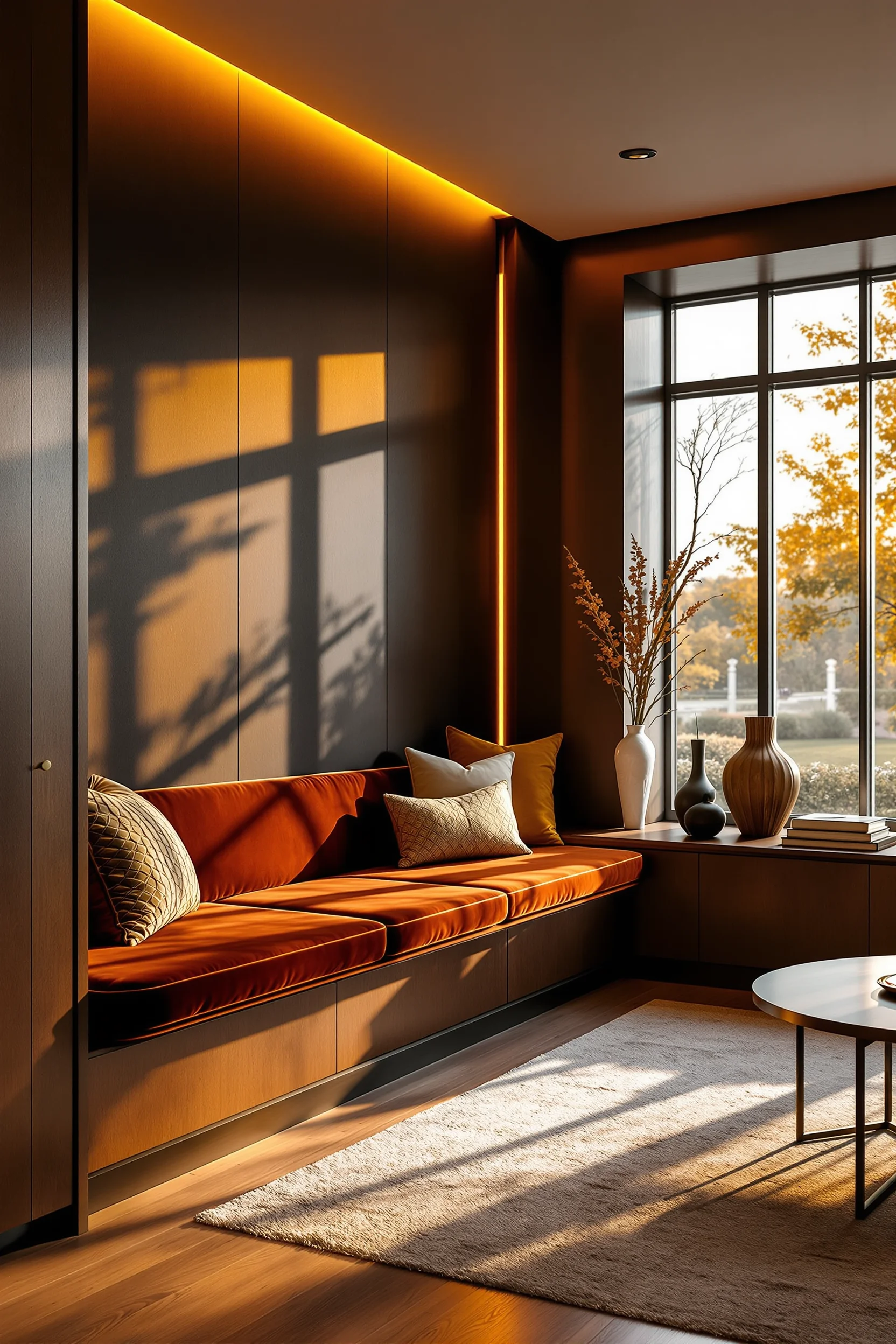 70s apartment aesthetic designs showing dramatic charcoal walls with golden hour sunlight streaming through windows