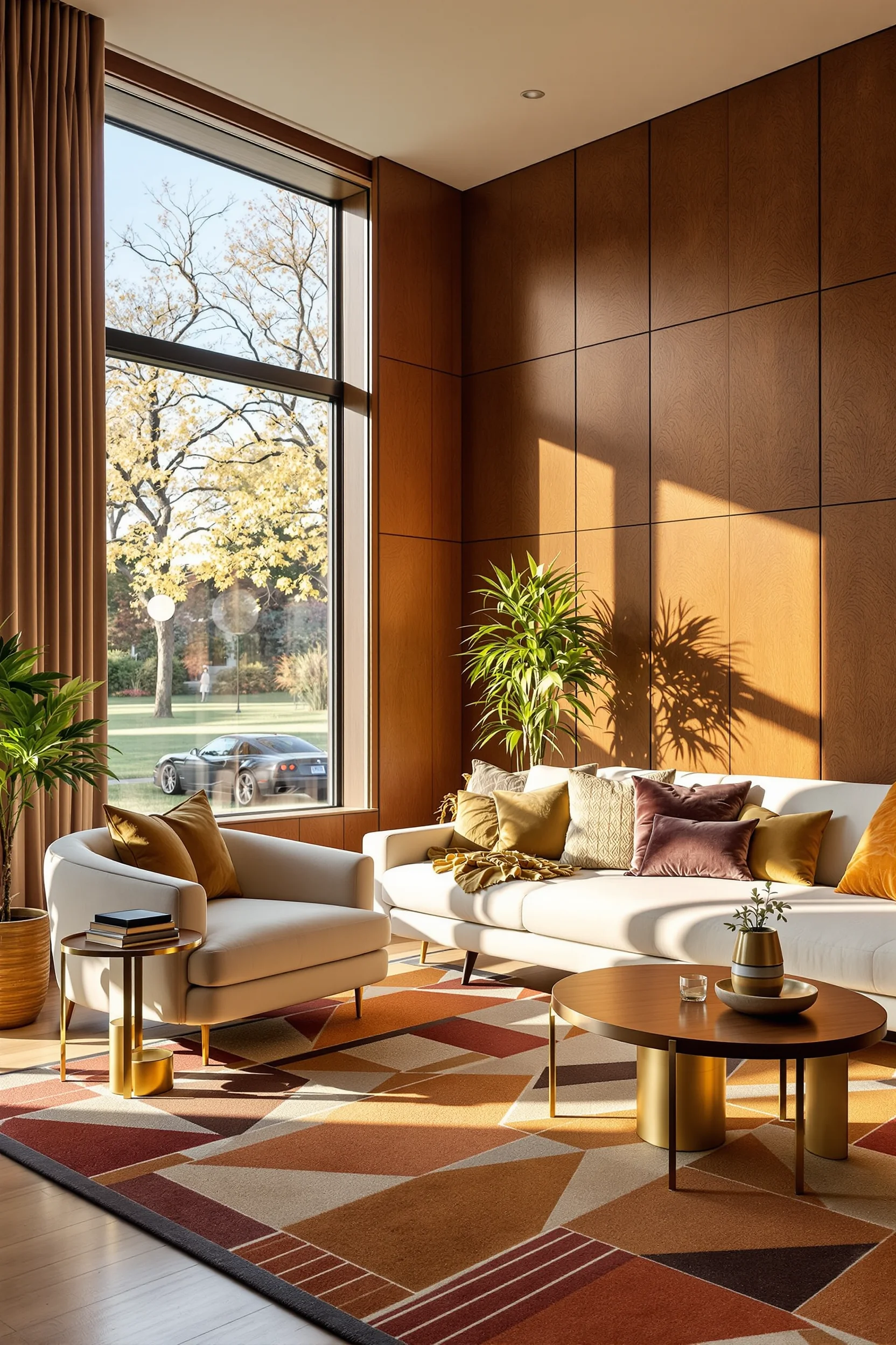 70s apartment aesthetic designs showing walnut walls contrasting with bright velvet upholstery pieces