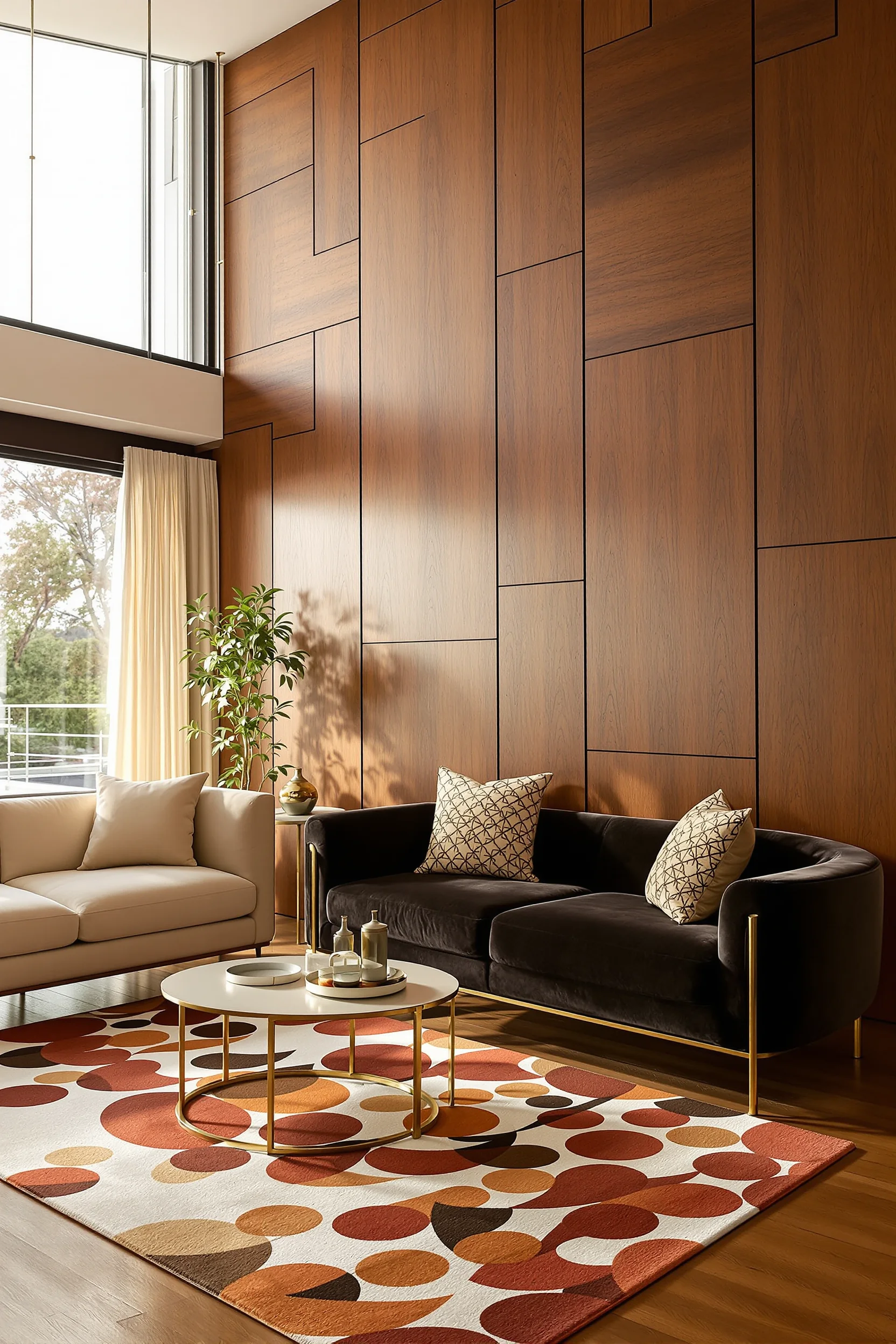 70s apartment aesthetic ideas featuring dramatic wood paneling with cream furniture and brass accents