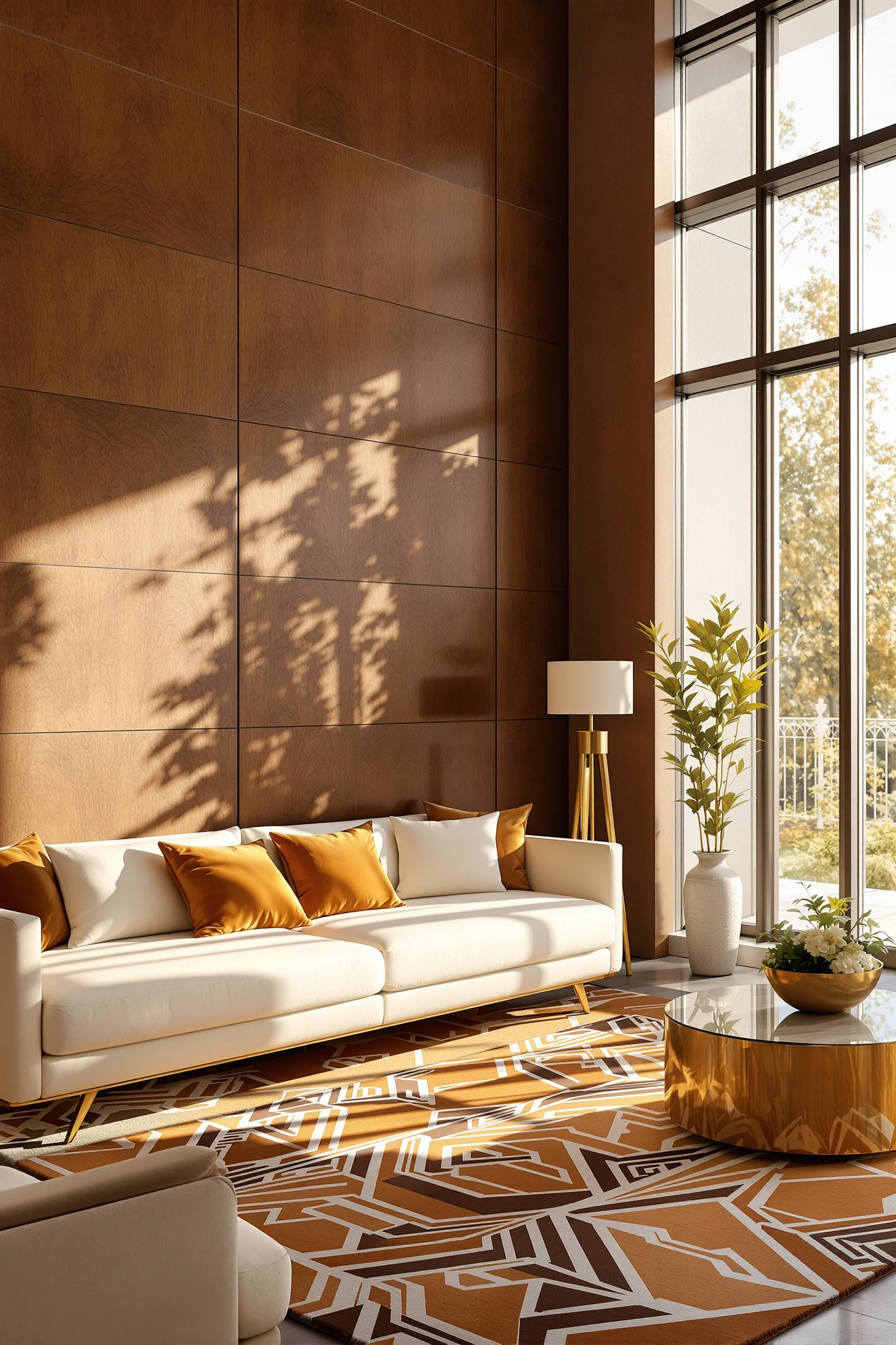 70s apartment aesthetic inspiration displaying geometric area rug with orange and brown vintage patterns