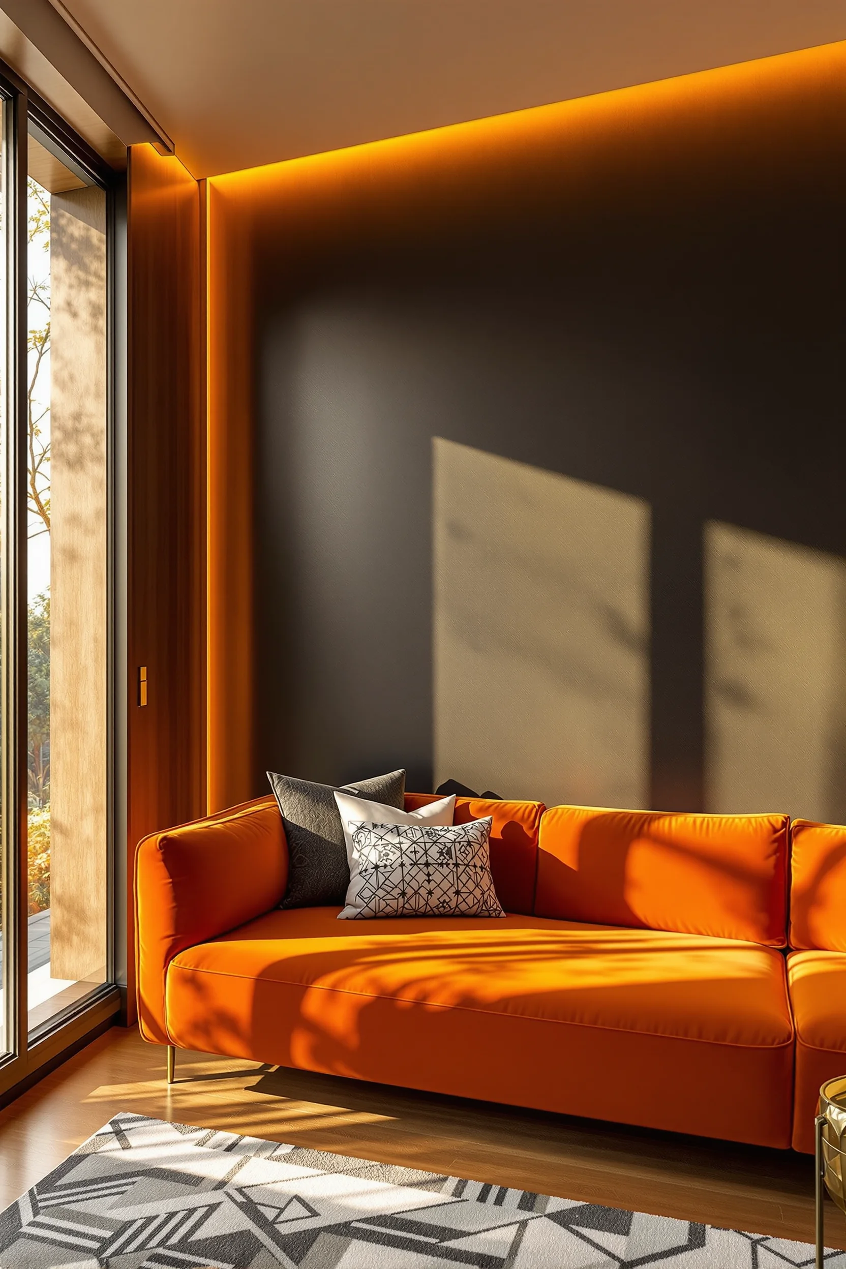 70s apartment aesthetics featuring plush seating area with ceramic table lamp and rich color grading