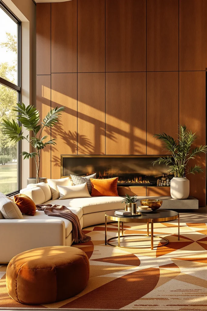 70s apartment aesthetics showcasing golden hour sunlight streaming through large windows with brass details