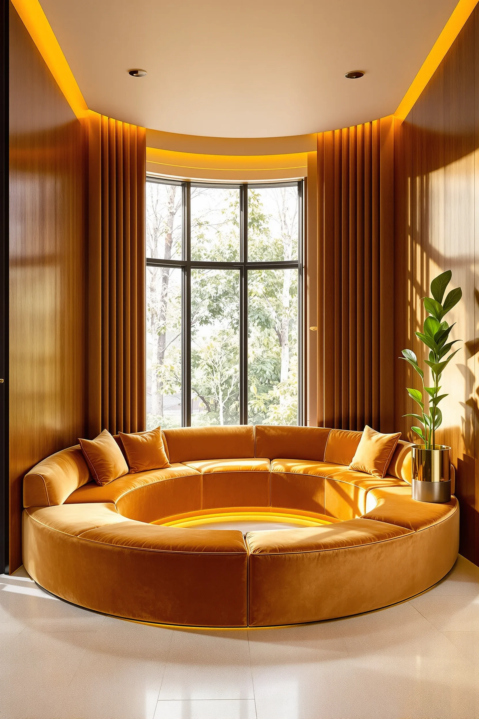 70s apartment decor ideas featuring sunken conversation pit with curved sectional and chocolate brown walls