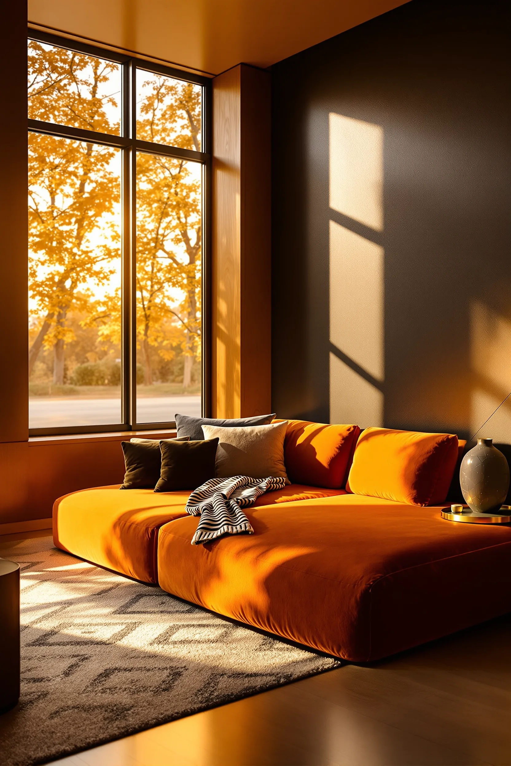 70s apartment designs showing charcoal accent wall with walnut wood paneling and geometric rug
