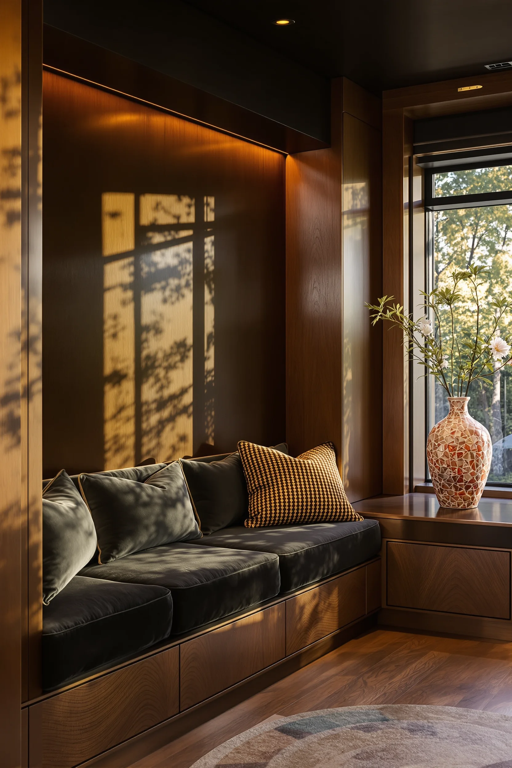 70s apartment retro aesthetics showcasing ceramic vase details with warm amber lighting and wood tones