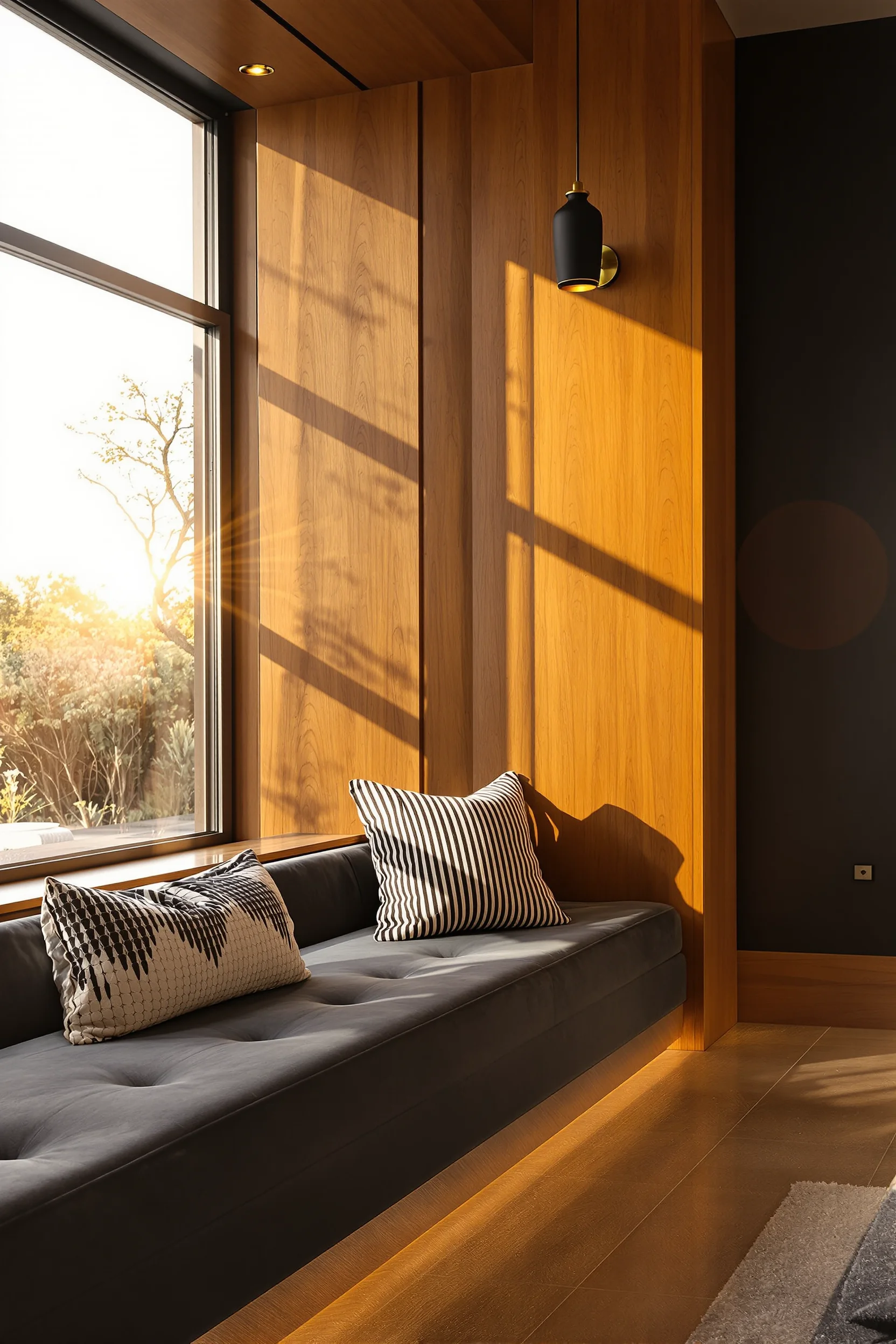 70s apartment vintage ideas featuring built in seating with plush velvet cushions and walnut paneling