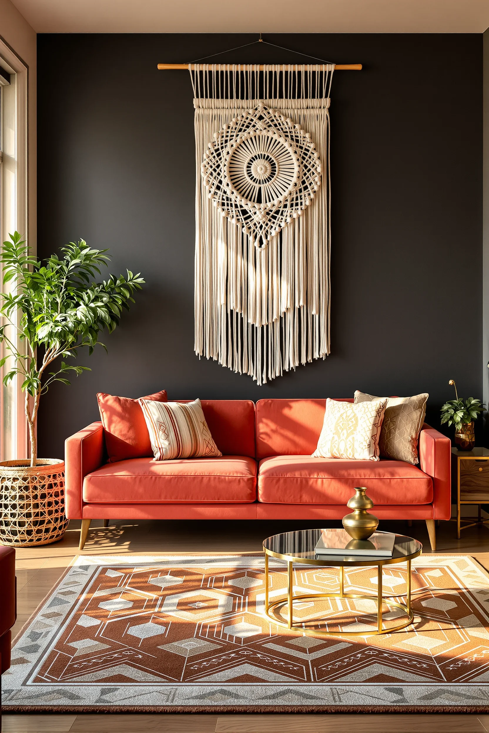 70s inspired apartment aesthetics featuring burnt orange tones with professional shallow depth of field photography