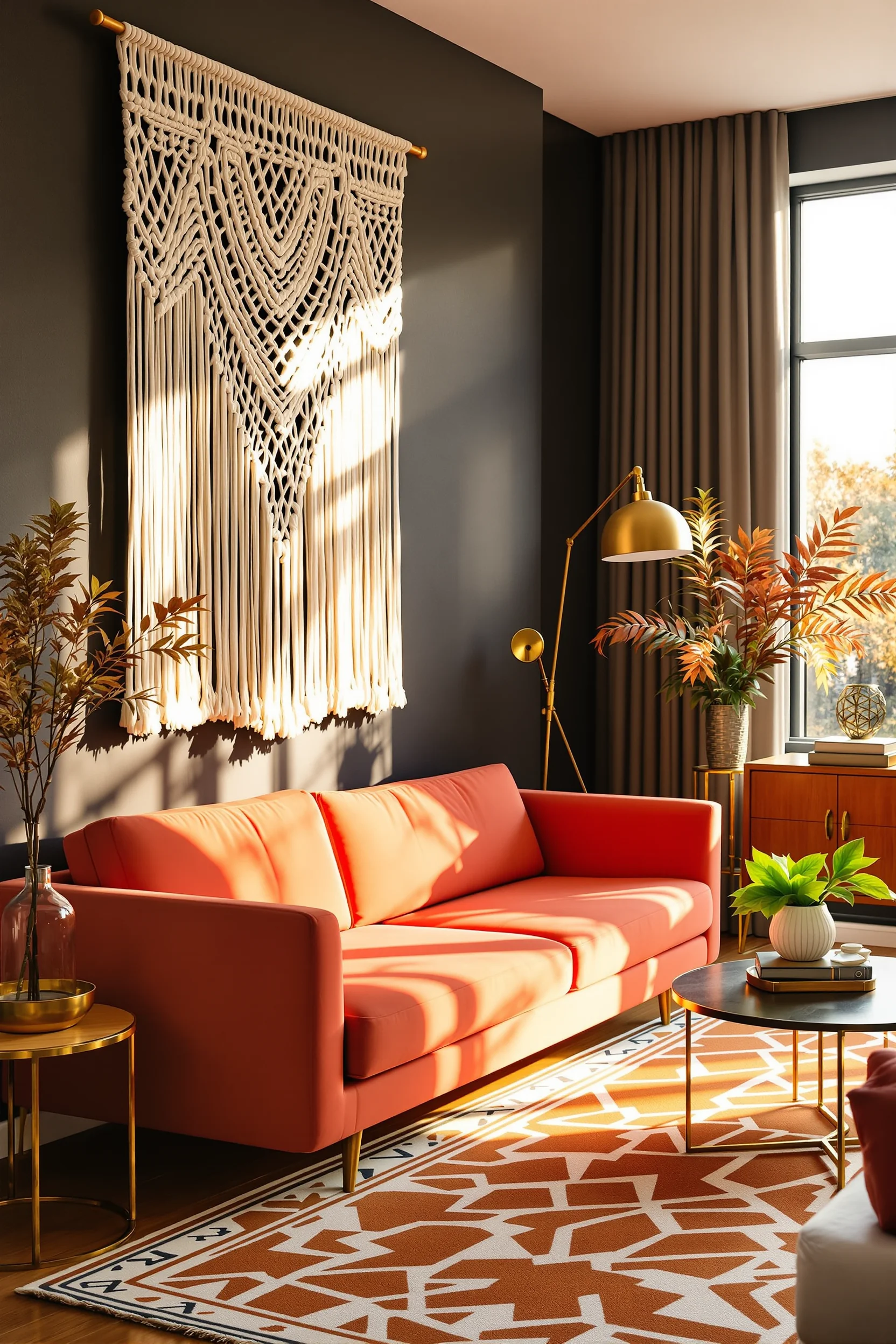 70s inspired apartment inspiration displaying charcoal accent wall with golden hour sunlight streaming through