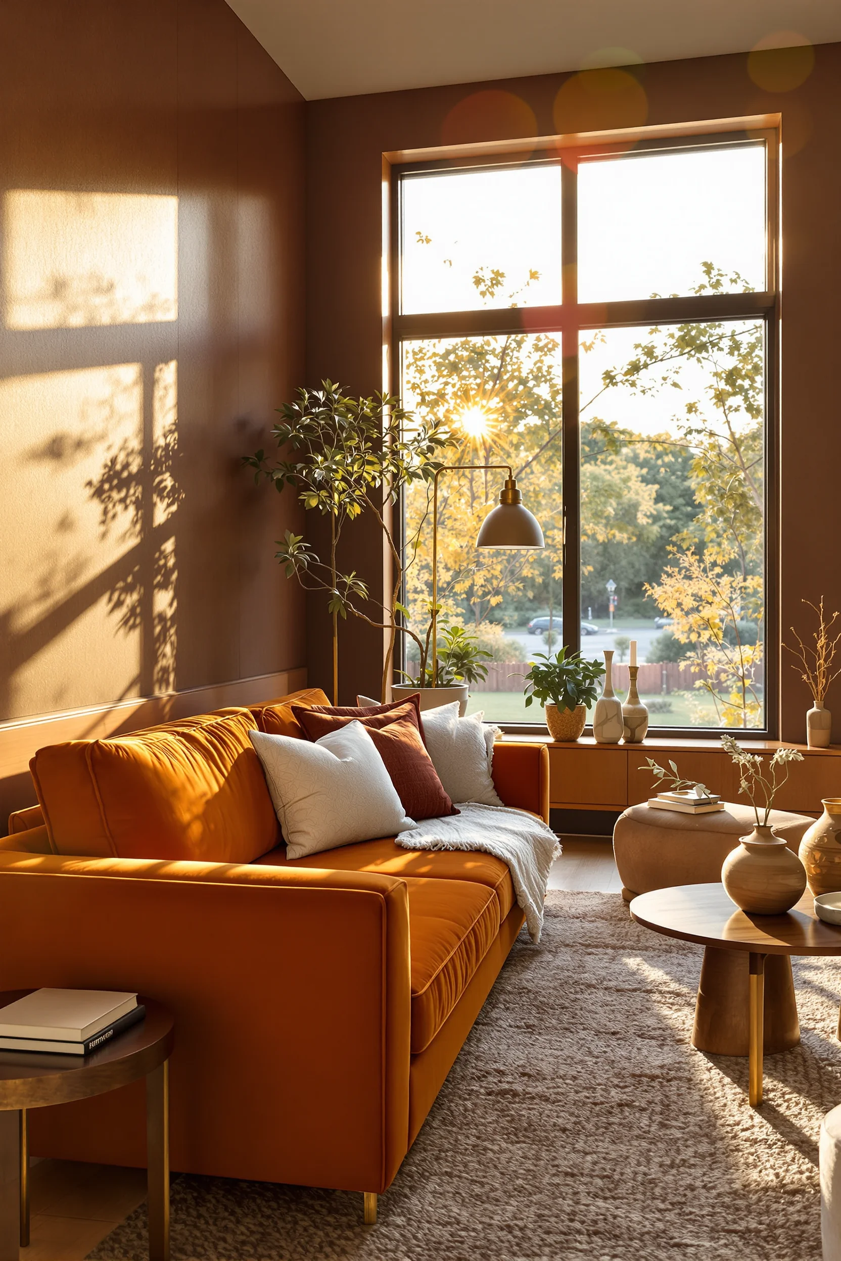 70s studio apartment design featuring burnt orange velvet sofa with brass fixtures and walnut furniture