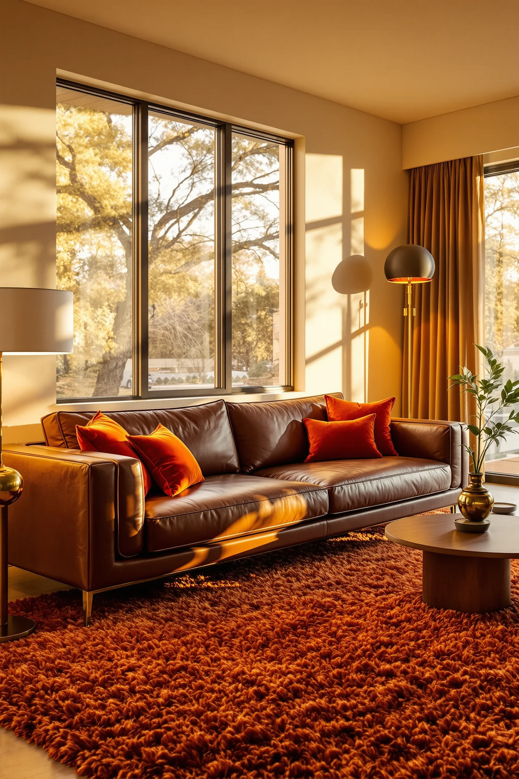 70s style apartment aesthetics showcasing deep brown leather furniture against neutral walls with retro accents