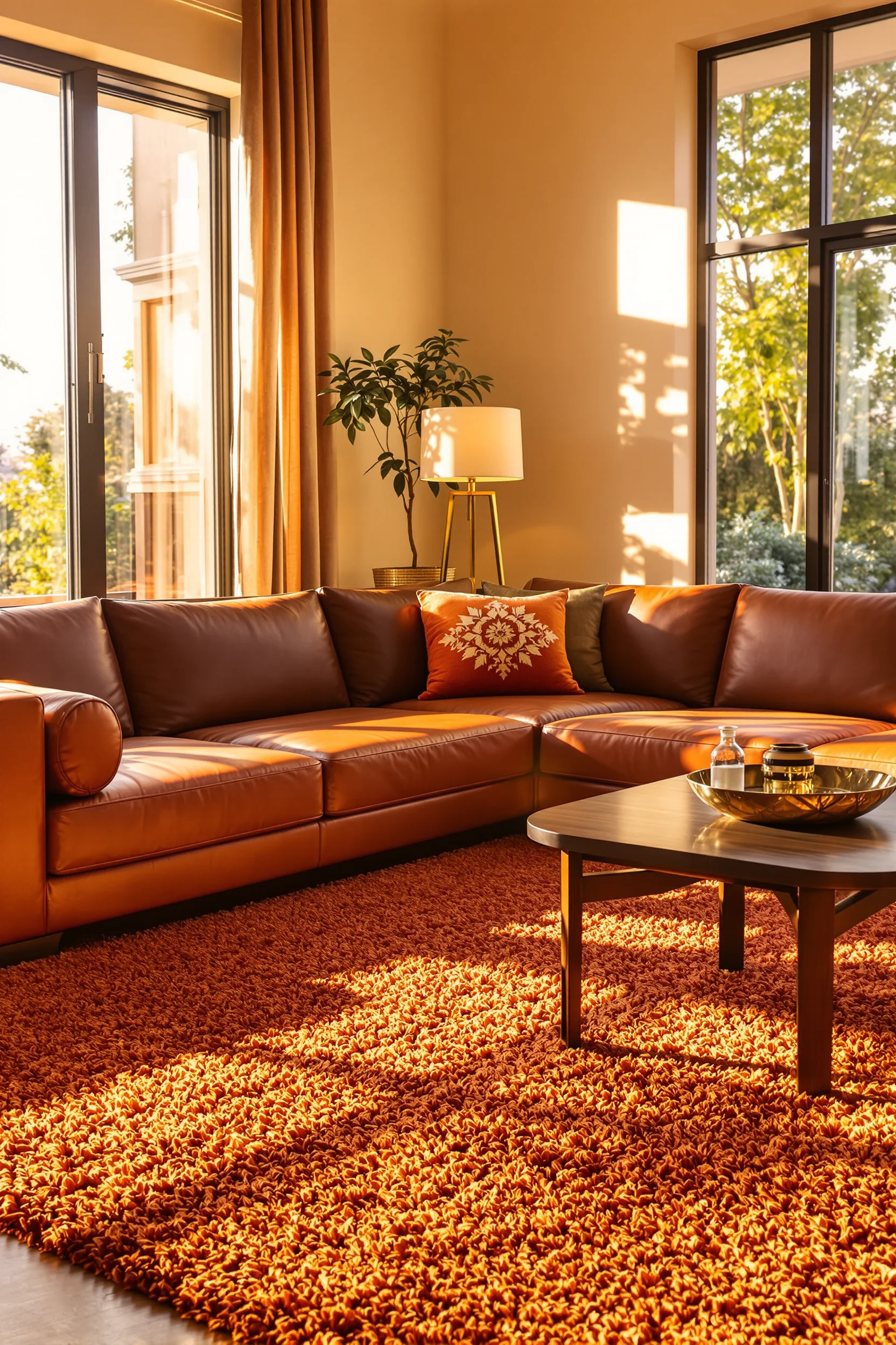 70s style apartment designs showing walnut coffee table with brass lamp and velvet cushions arrangement