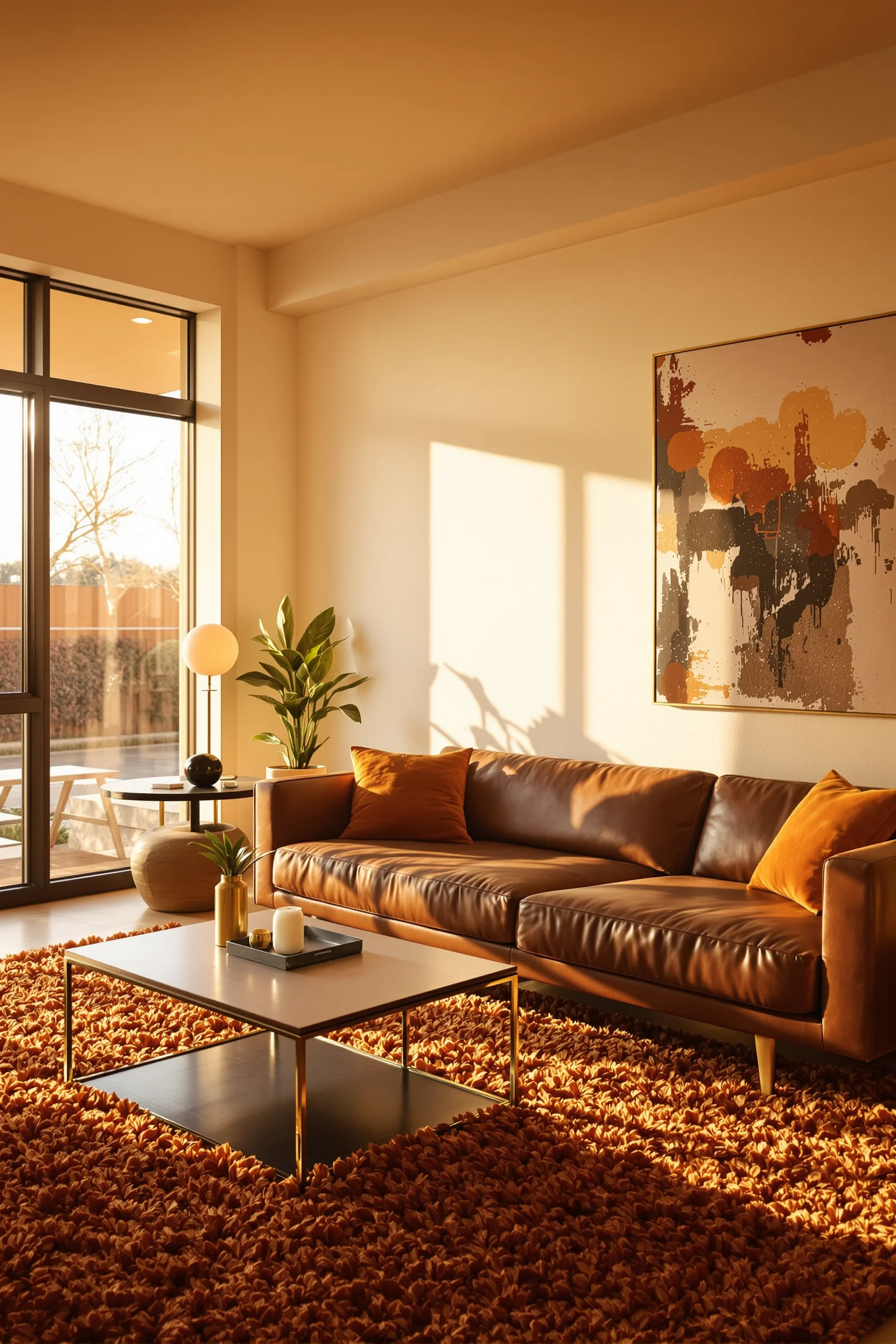 70s style apartment ideas featuring burnt orange shag carpet and chocolate leather sofa in warm lighting