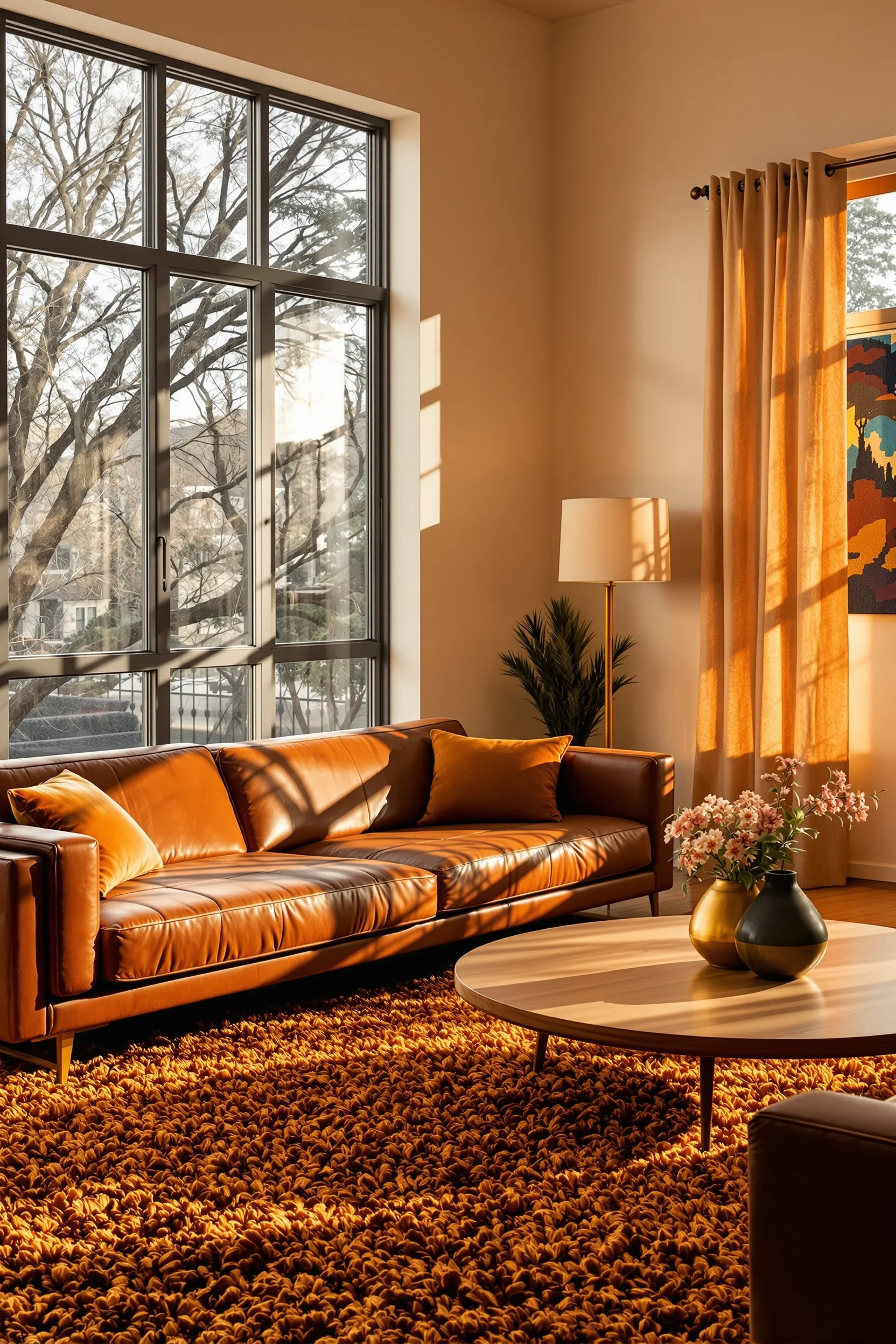 70s style apartment inspiration displaying cream walls with golden hour sunlight streaming through large windows