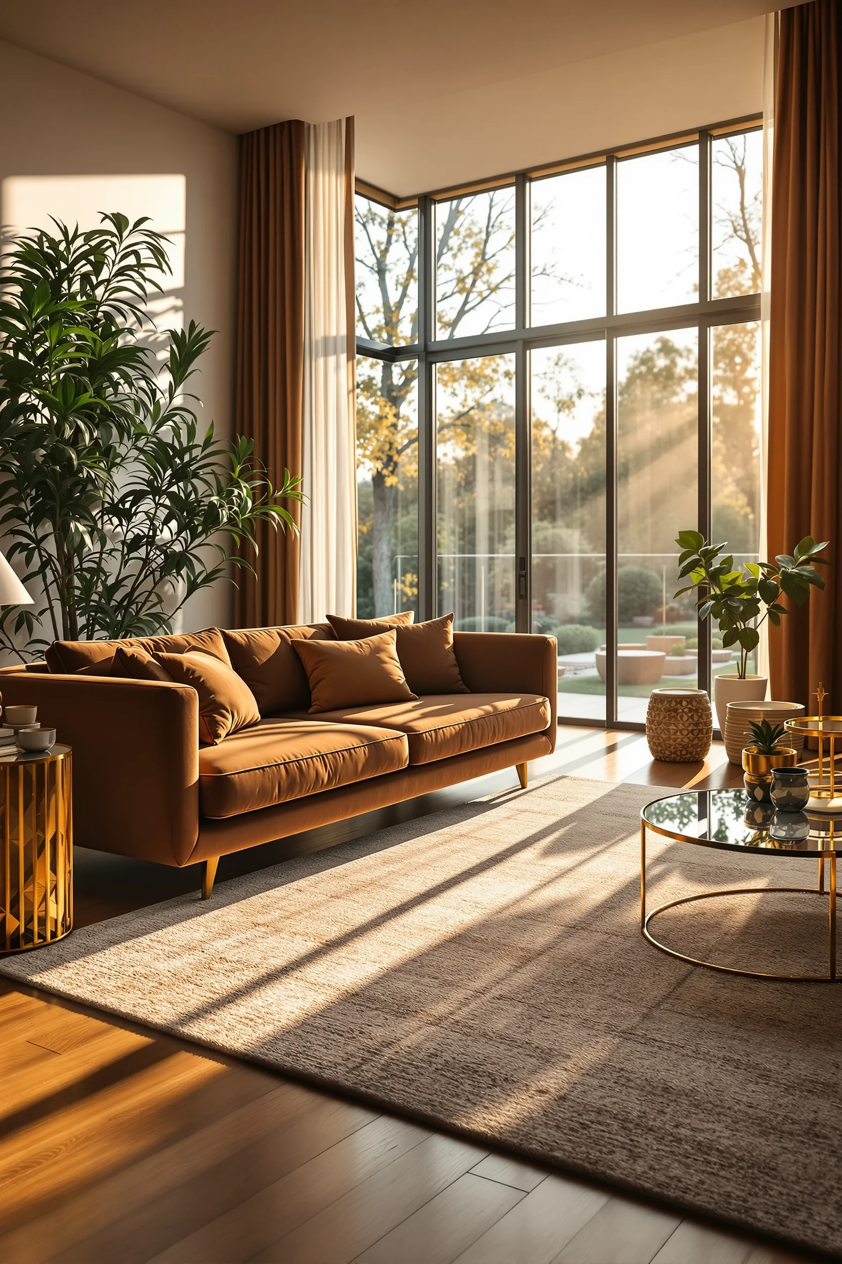 apartment 70s aesthetics showcasing polished hardwood floors with textured area rug and brass table