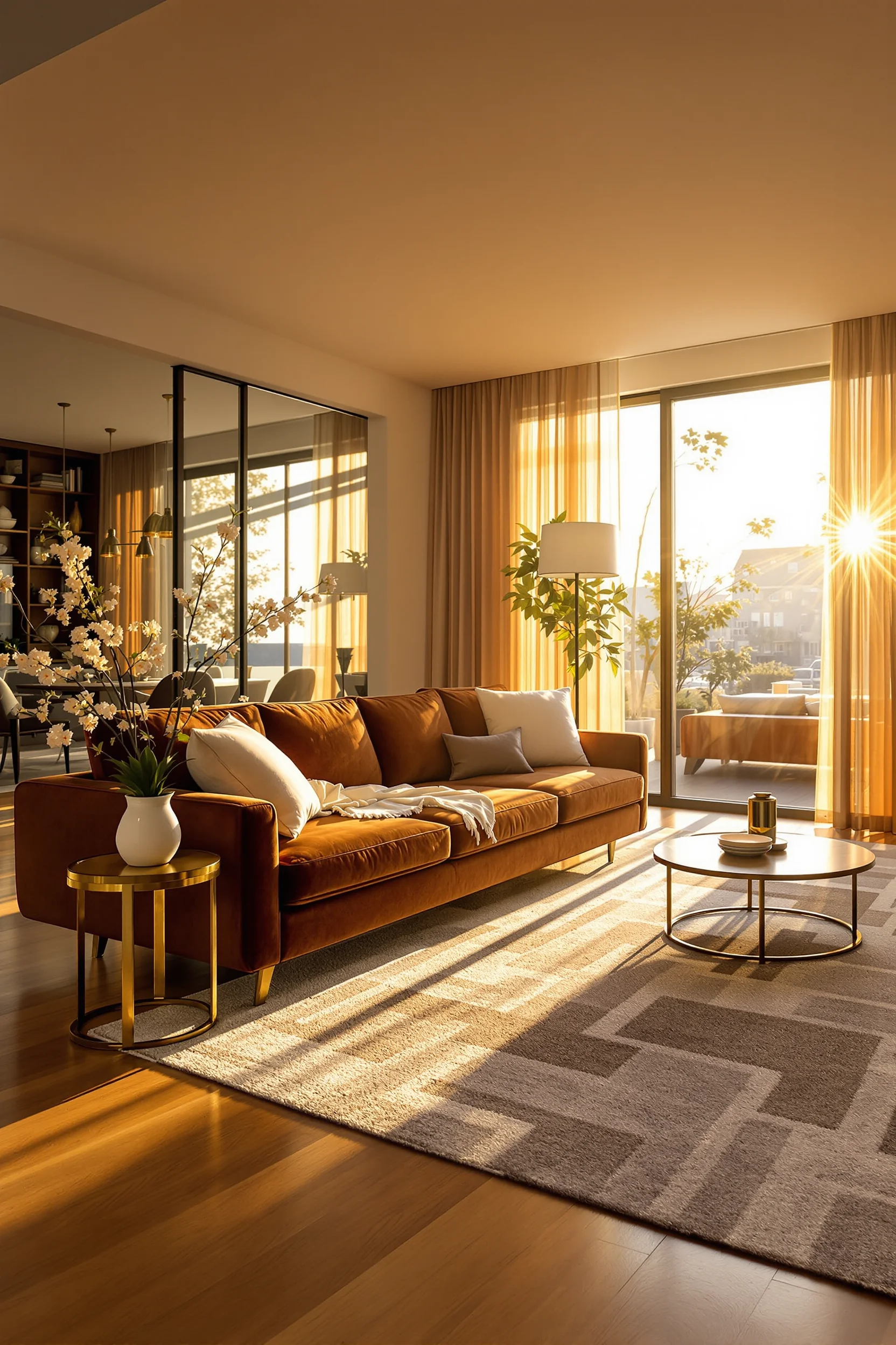 apartment 70s ideas featuring modern living room with chocolate brown velvet sofa and brass accents