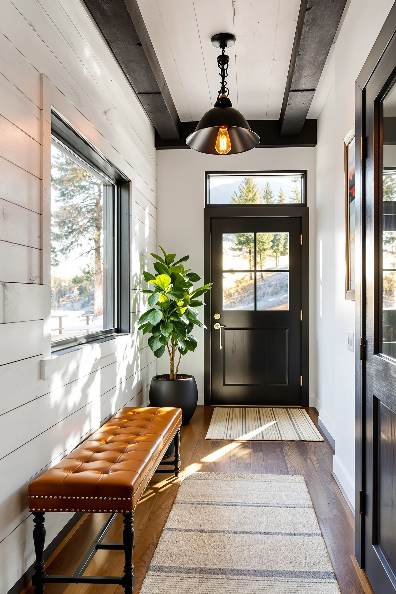 barndominium hallway ideas featuring whitewashed wood wall charcoal beam golden sunlight oak floors black pendant light leather bench